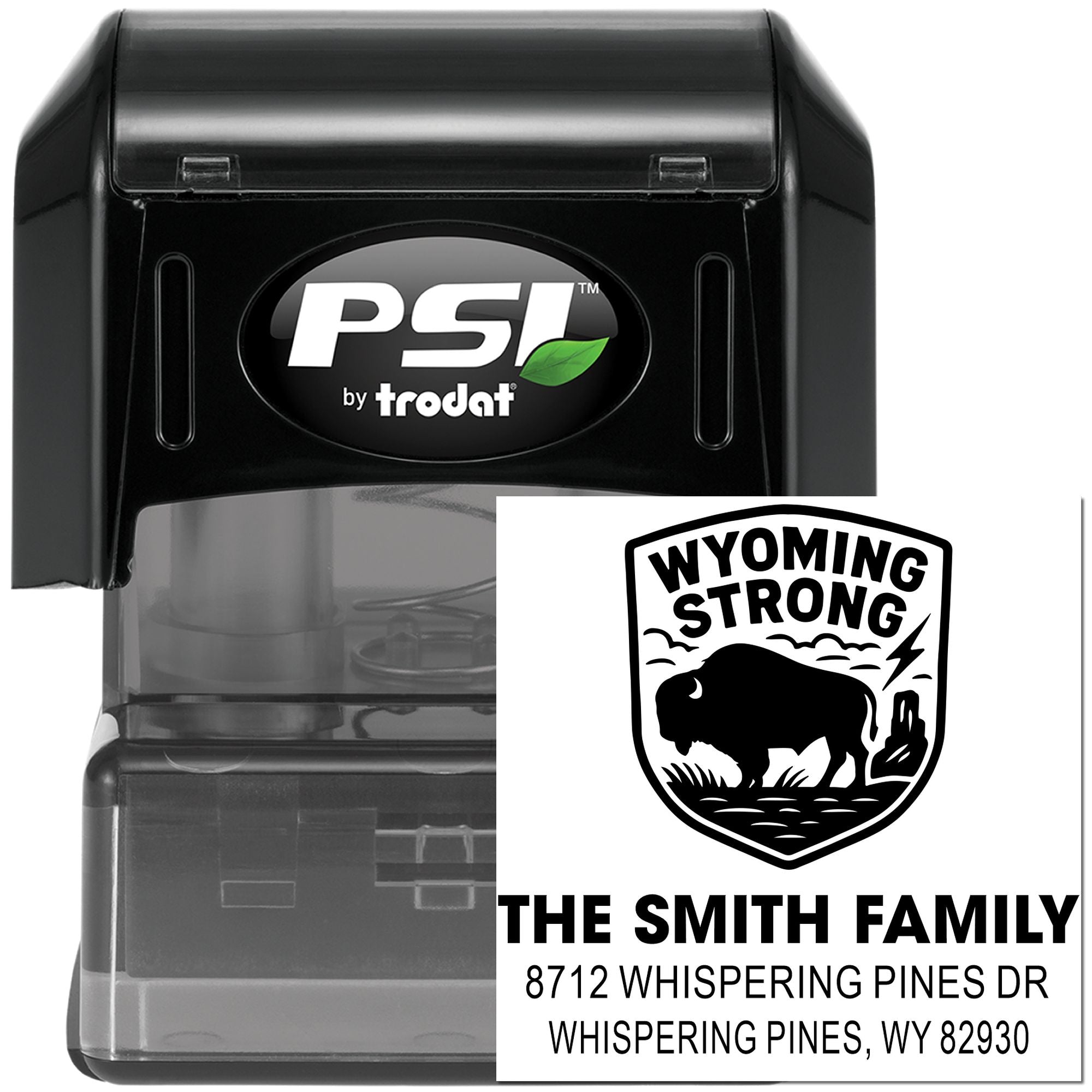 PSI by Trodat self-inking stamp with Wyoming Strong bison design and The Smith Family address imprint, shown in a black case on a white background.