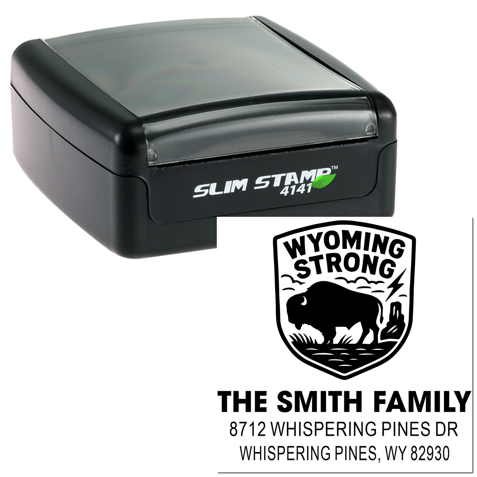 Custom self-inking Slim Stamp 4141 with Wyoming Strong bison design and The Smith Family address on a white background