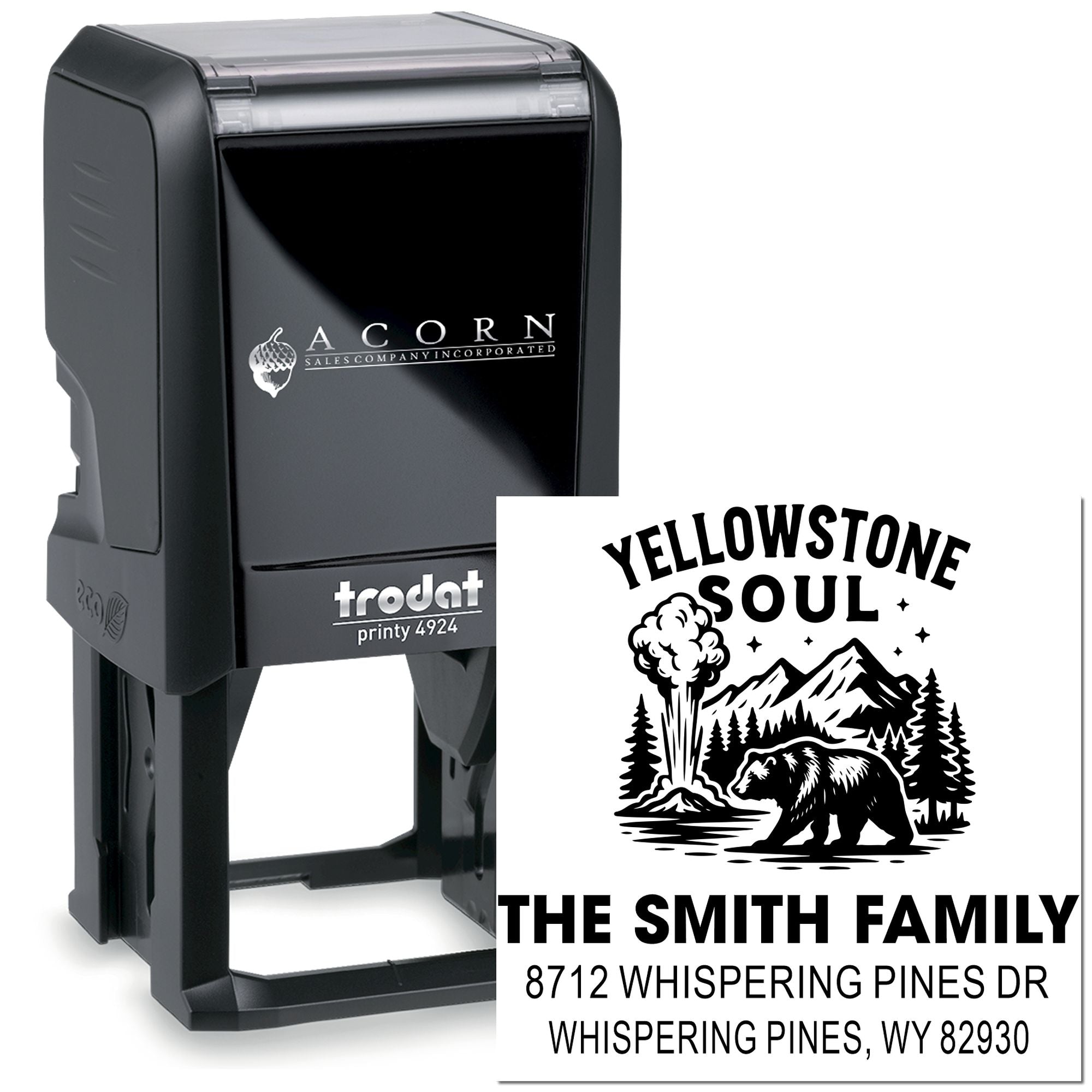 Custom self-inking Trodat stamp with Yellowstone Soul bear design and The Smith Family address on a white product background.