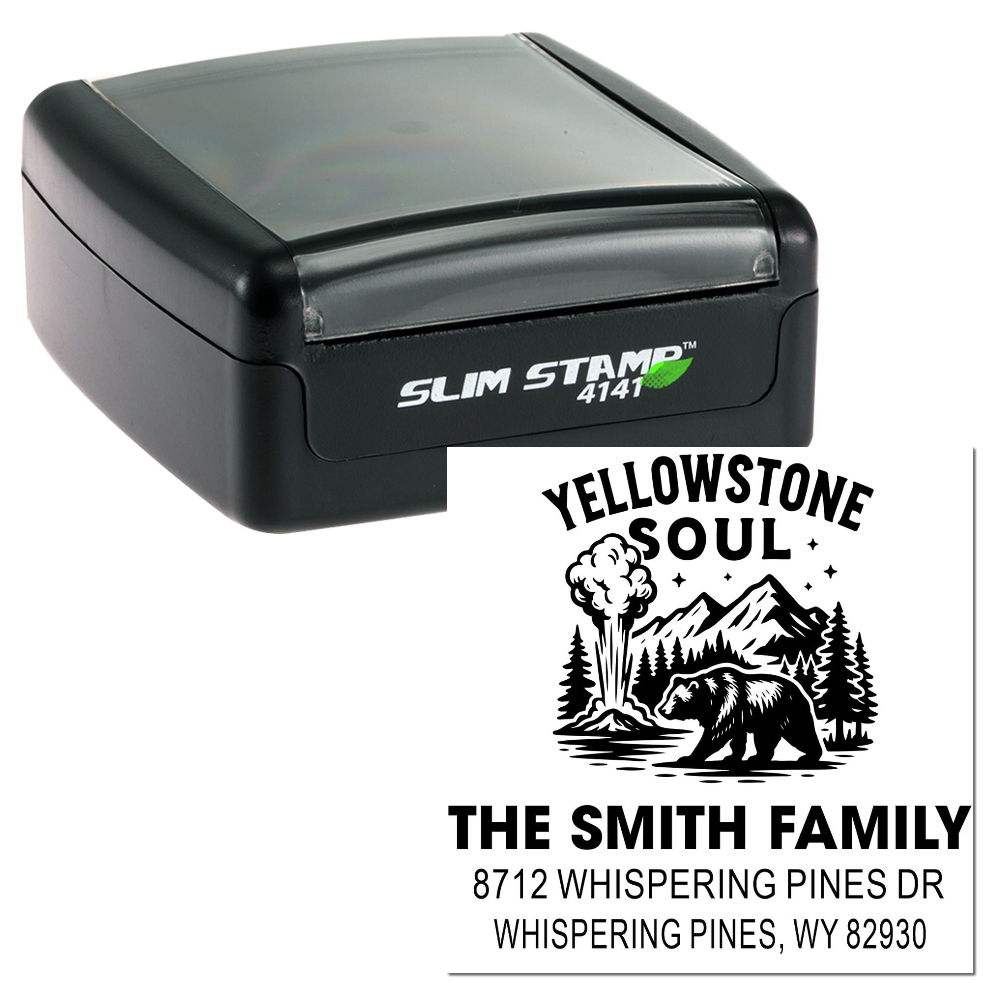 Custom self-inking stamp with Yellowstone Soul bear and mountain design, featuring The Smith Family name and Whispering Pines, WY address.