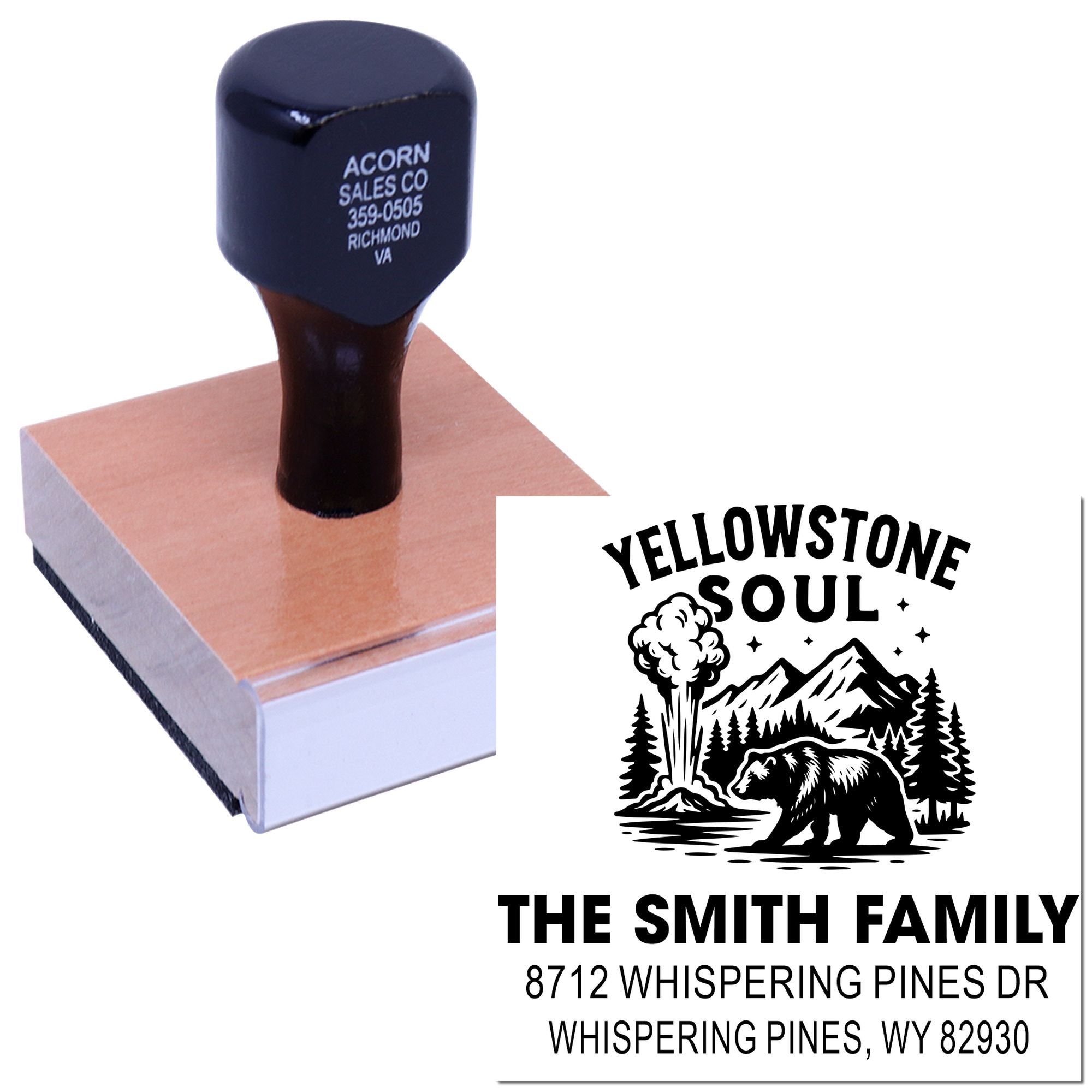 Custom Yellowstone Soul rubber stamp on wooden block with bear, mountains and family name/address, shown on a white background.