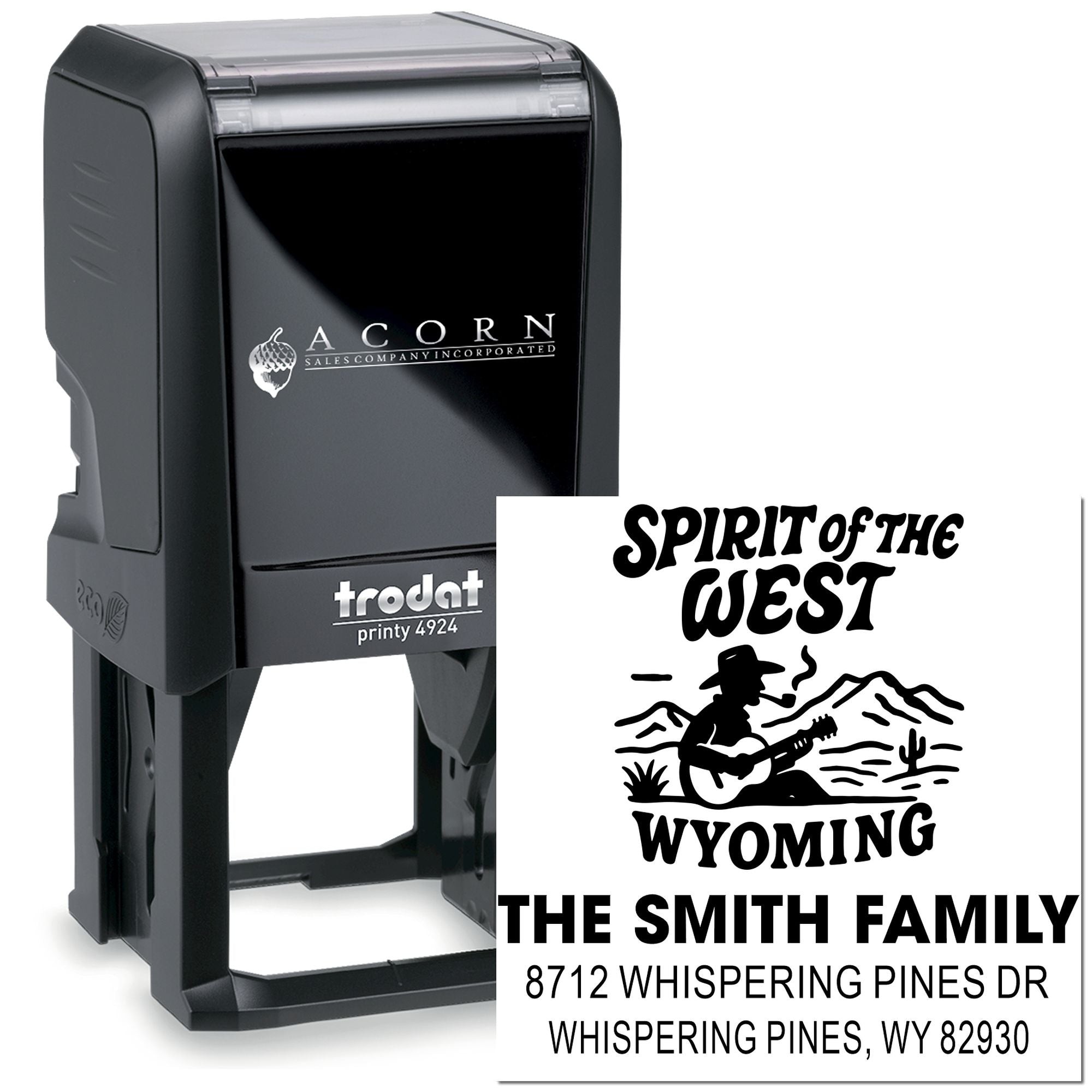 Custom self-inking Trodat stamp with Western cowboy design, showing Spirit of the West Wyoming and The Smith Family return address on white background.