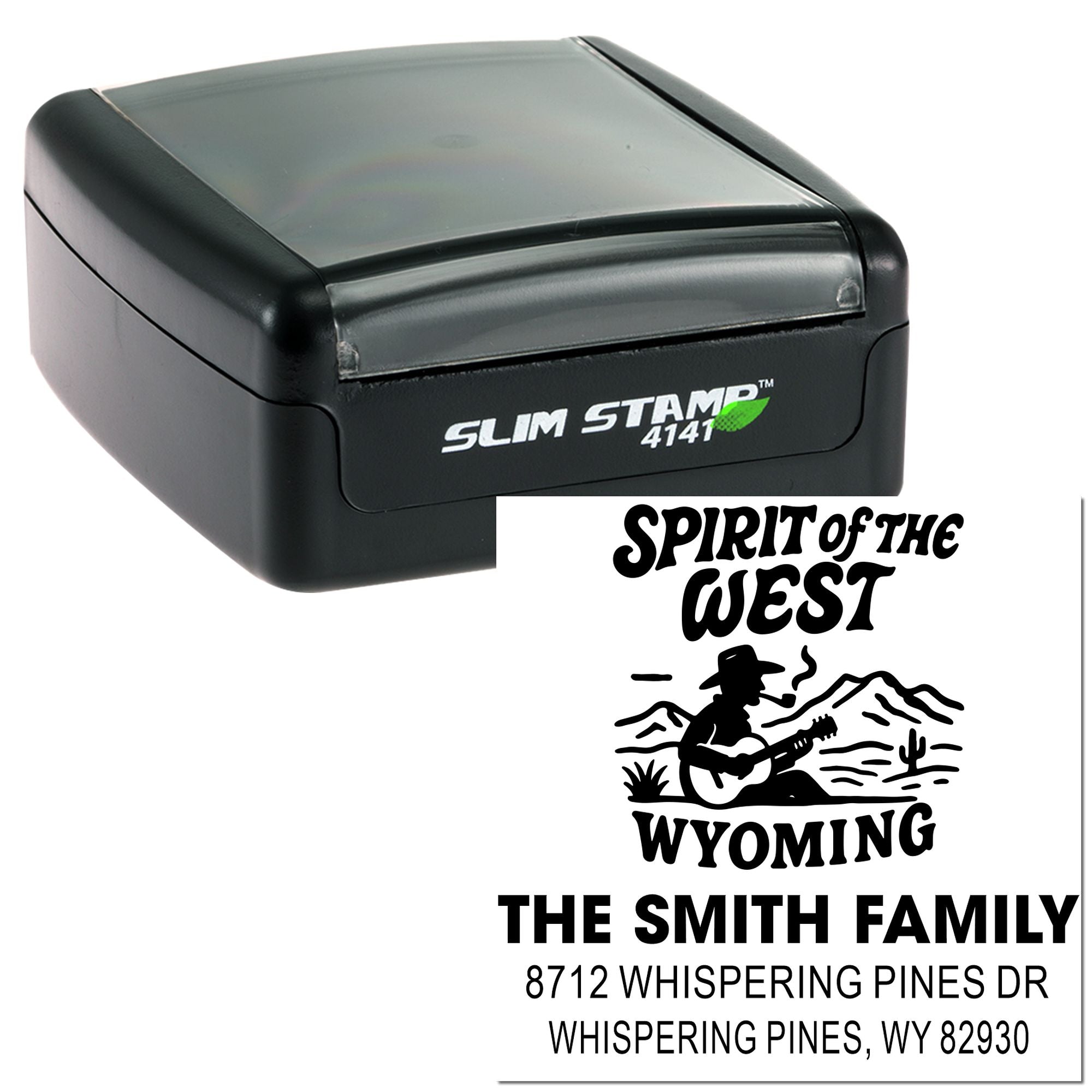 Slim self-inking custom address stamp with Spirit of the West Wyoming design, The Smith Family name, and Whispering Pines address.