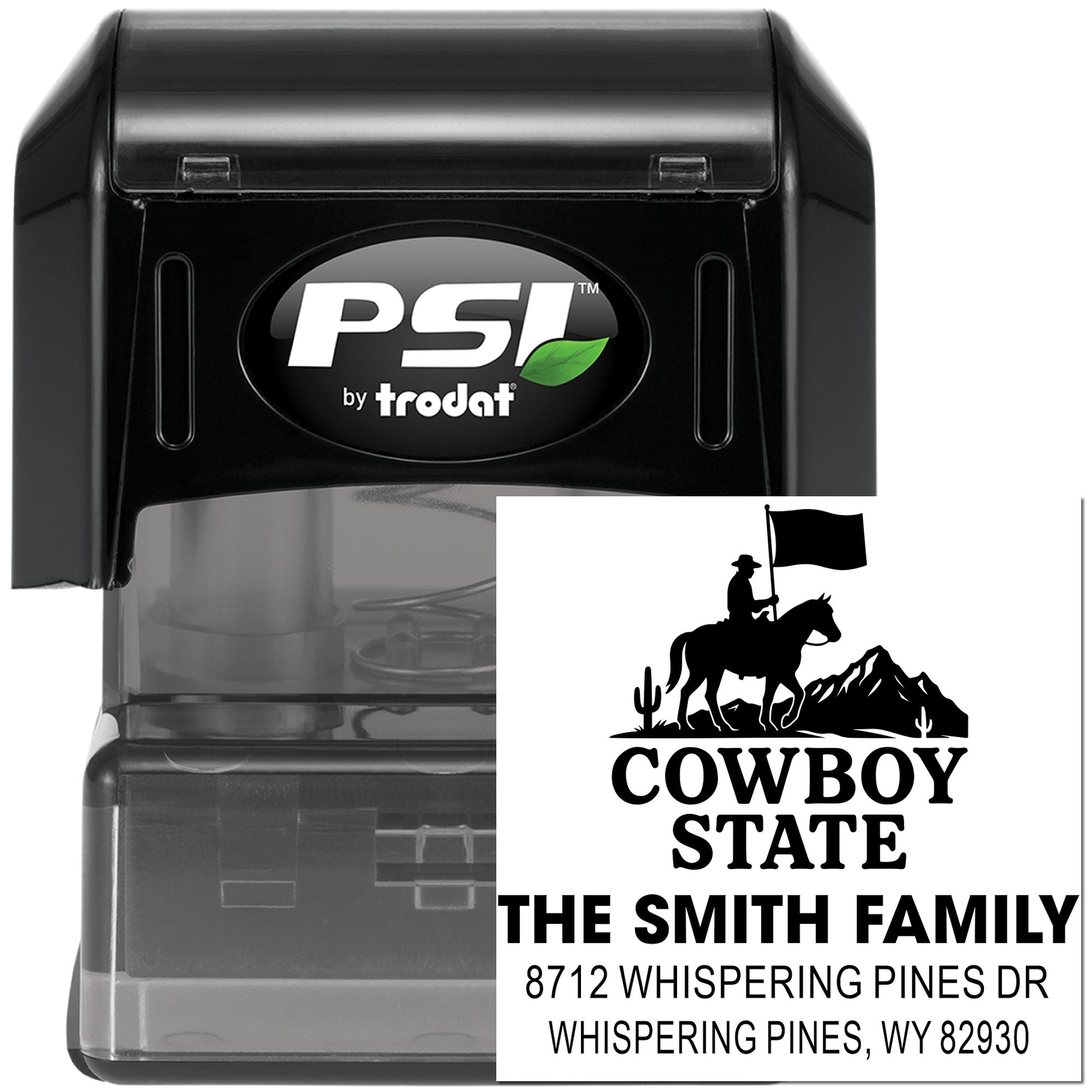 PSI by Trodat self-inking custom stamps with Cowboy State logo, family name and Wyoming address on a black stamp case.