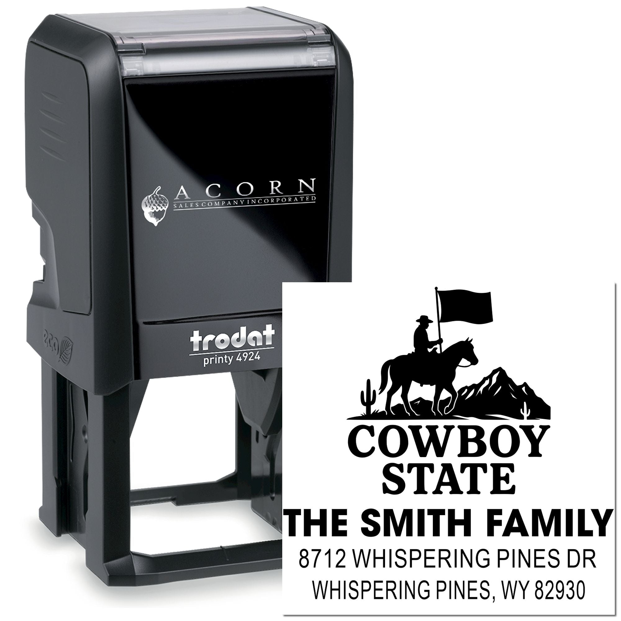 Custom self-inking Trodat return address stamp with cowboy silhouette design and Smith family name, Whispering Pines, WY address.