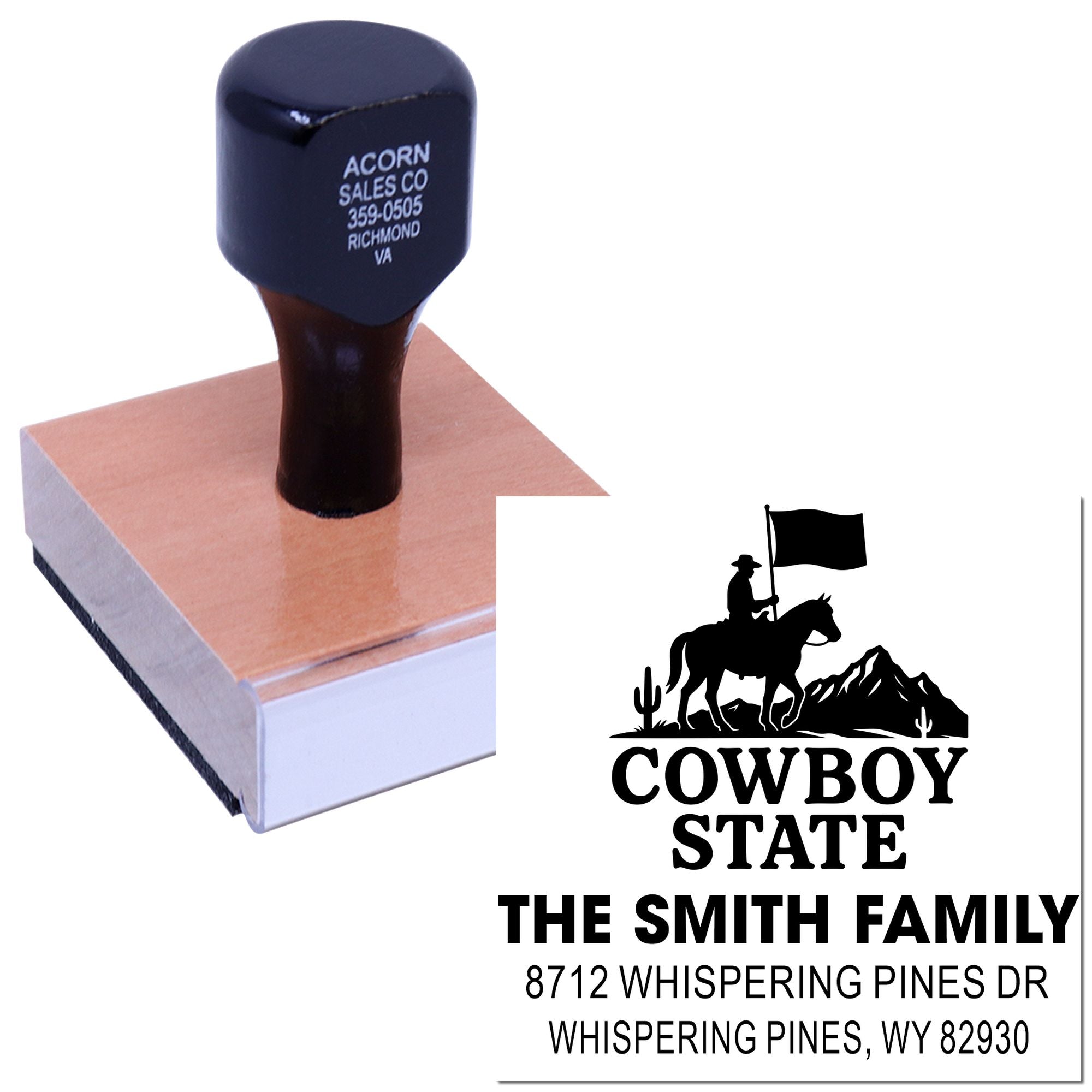 Custom cowboy state address stamp on wood block, with rider, flag, mountains and cactus, personalized for The Smith Family, Whispering Pines WY.