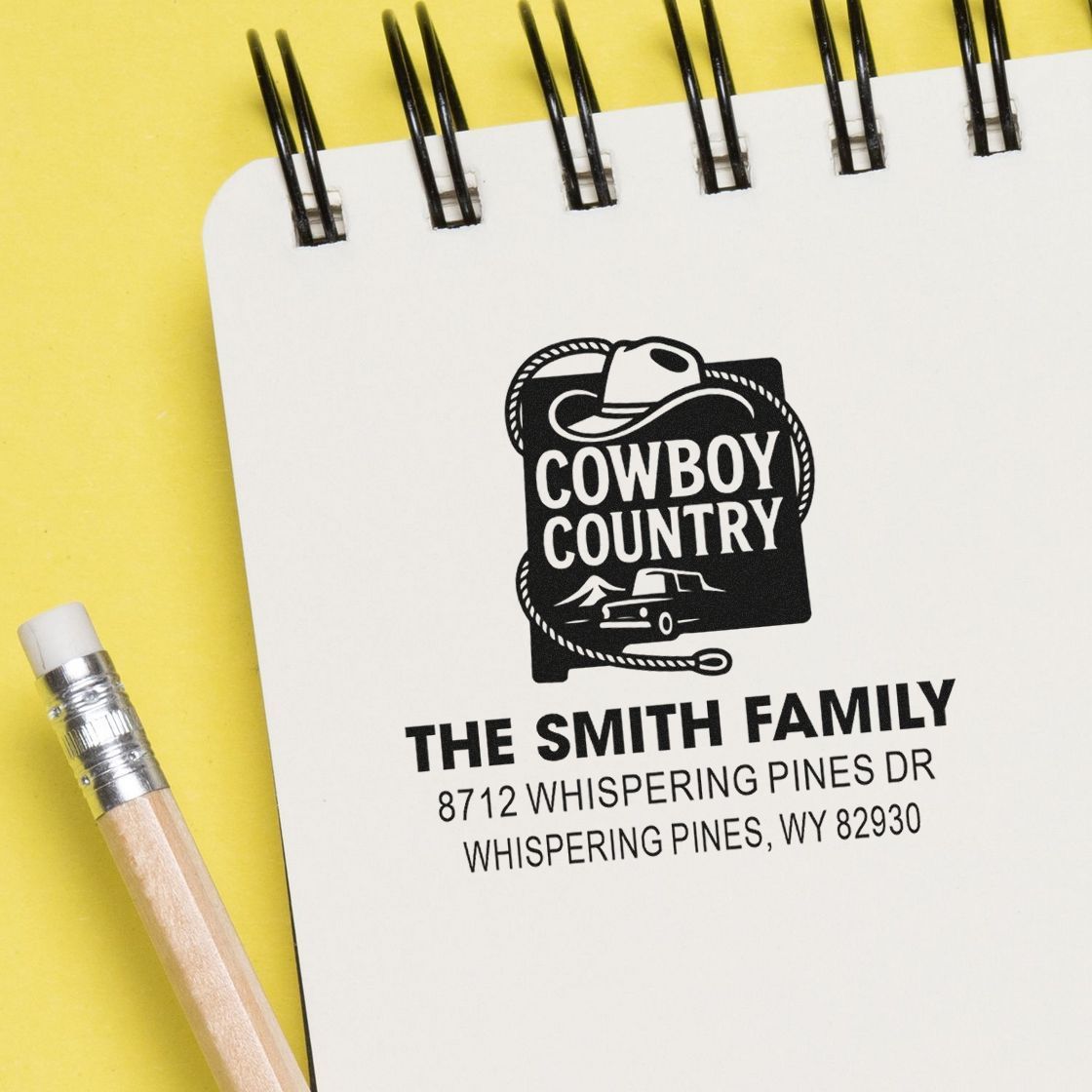 Cowboy Country family address stamp on a white spiral notebook with a pencil, set against a bright yellow background.