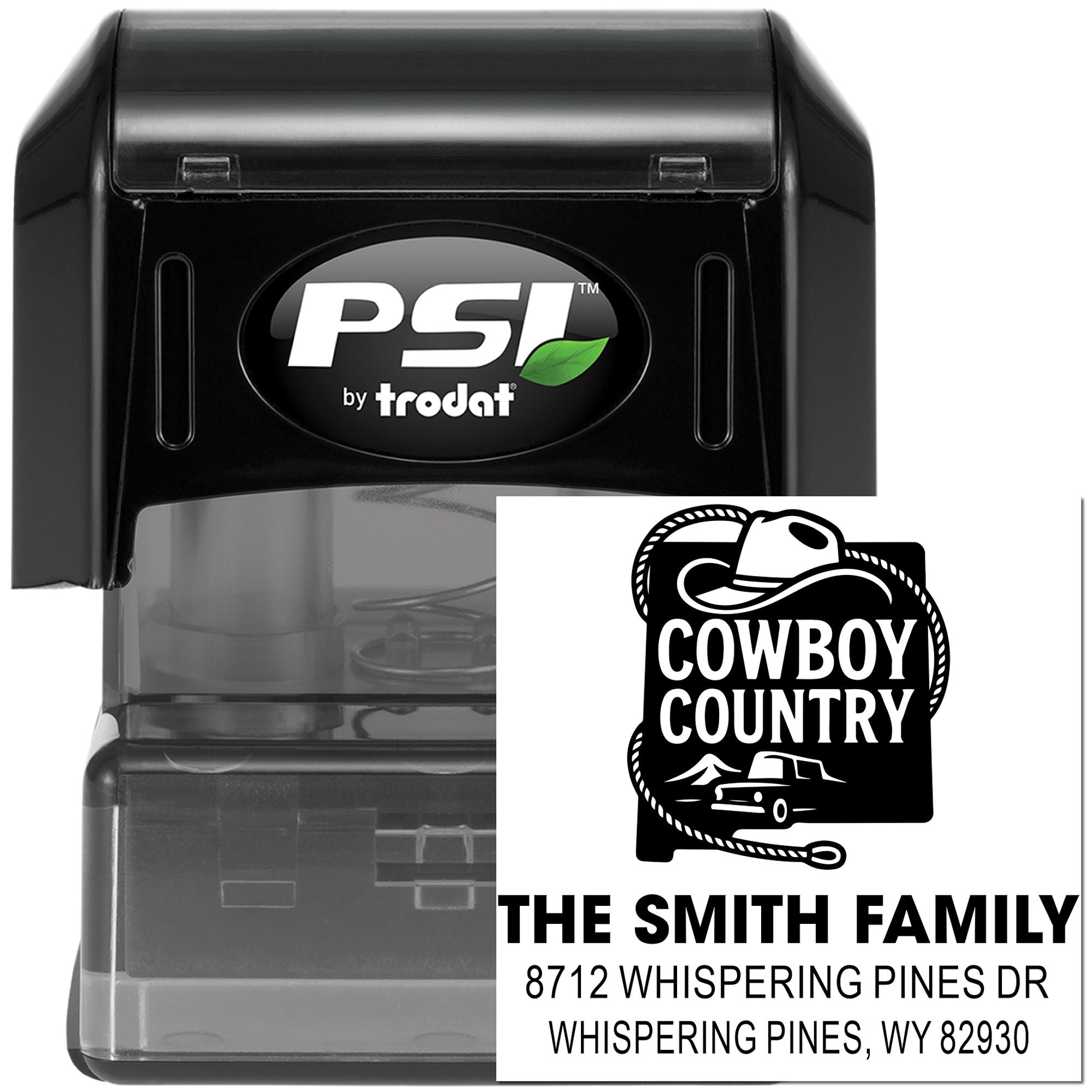 PSI by Trodat self-inking address stamp with Cowboy Country design for The Smith Family, black stamp case on white background.