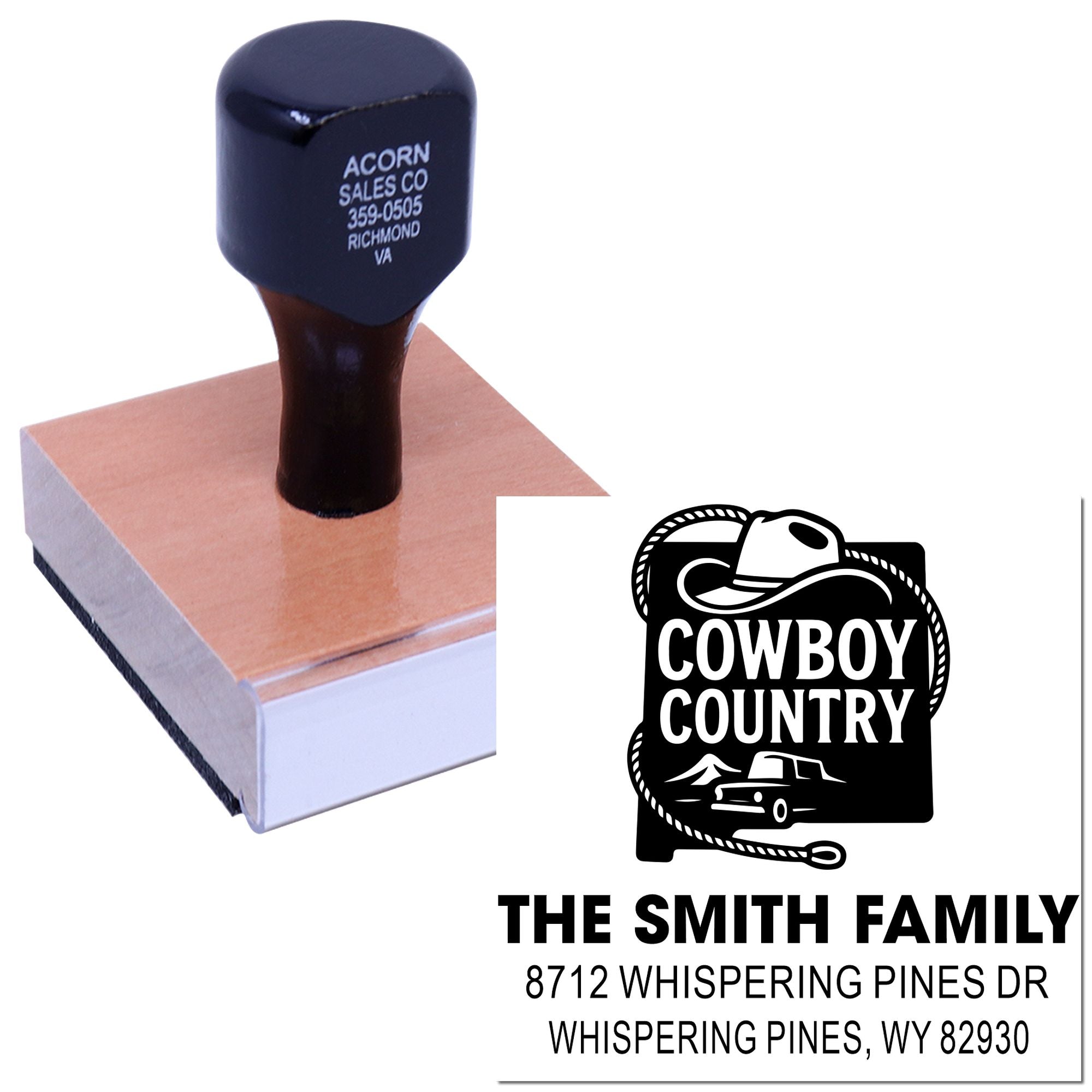 Custom cowboy country address rubber stamp with wooden handle, showing The Smith Family name and Wyoming address on a white background.