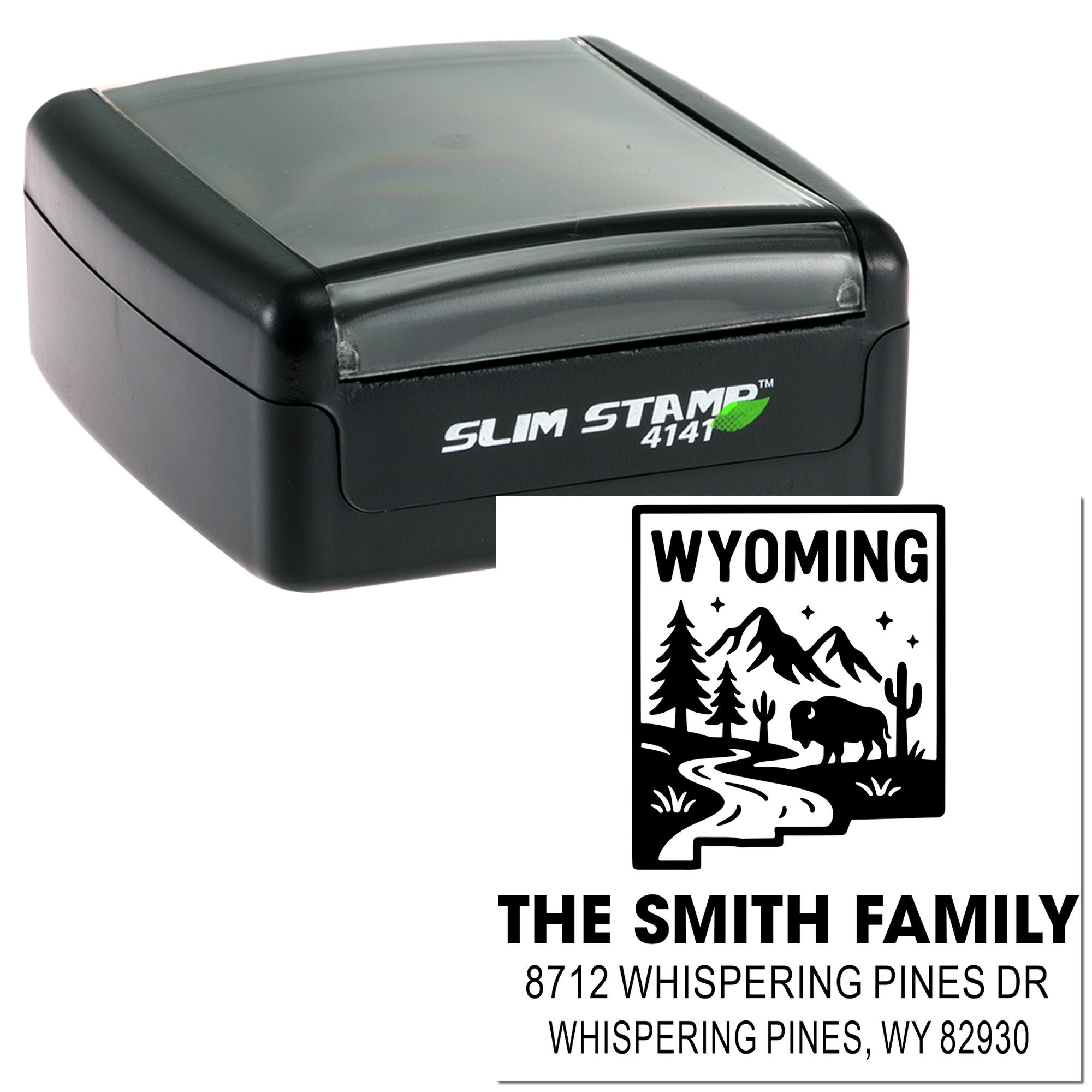 Custom Wyoming address self-inking stamp with bison, mountains and pine trees, shown in a Slim Stamp 4141 case for family mailing use.