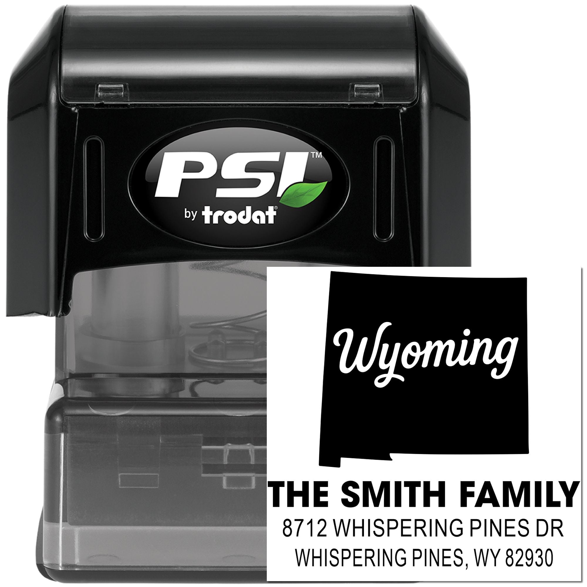 PSI by Trodat self-inking stamps, including a custom Wyoming address stamp for The Smith Family, displayed on a white background.