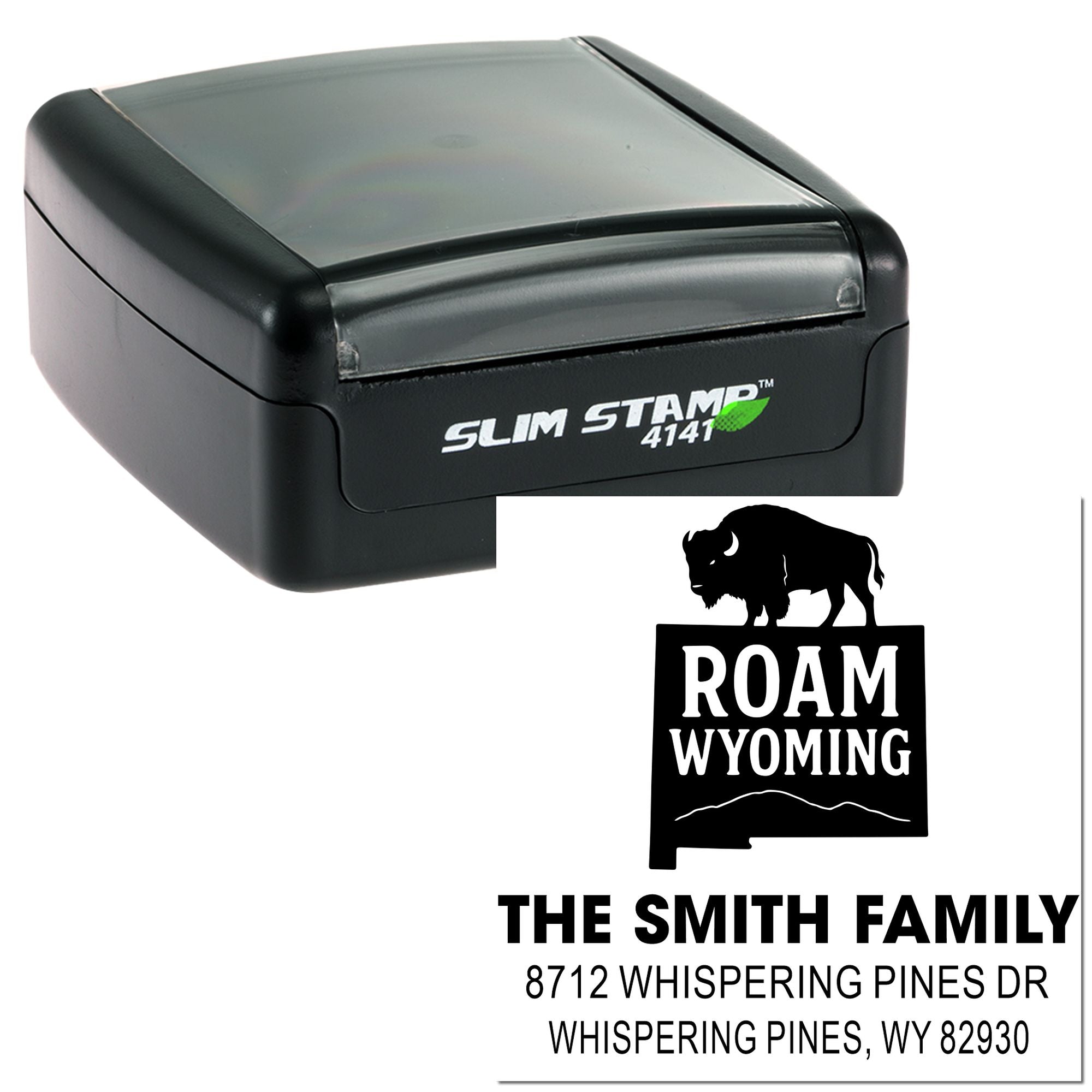 Slim self-inking custom address stamp with Wyoming bison design, featuring The Smith Family name and Whispering Pines, WY address.