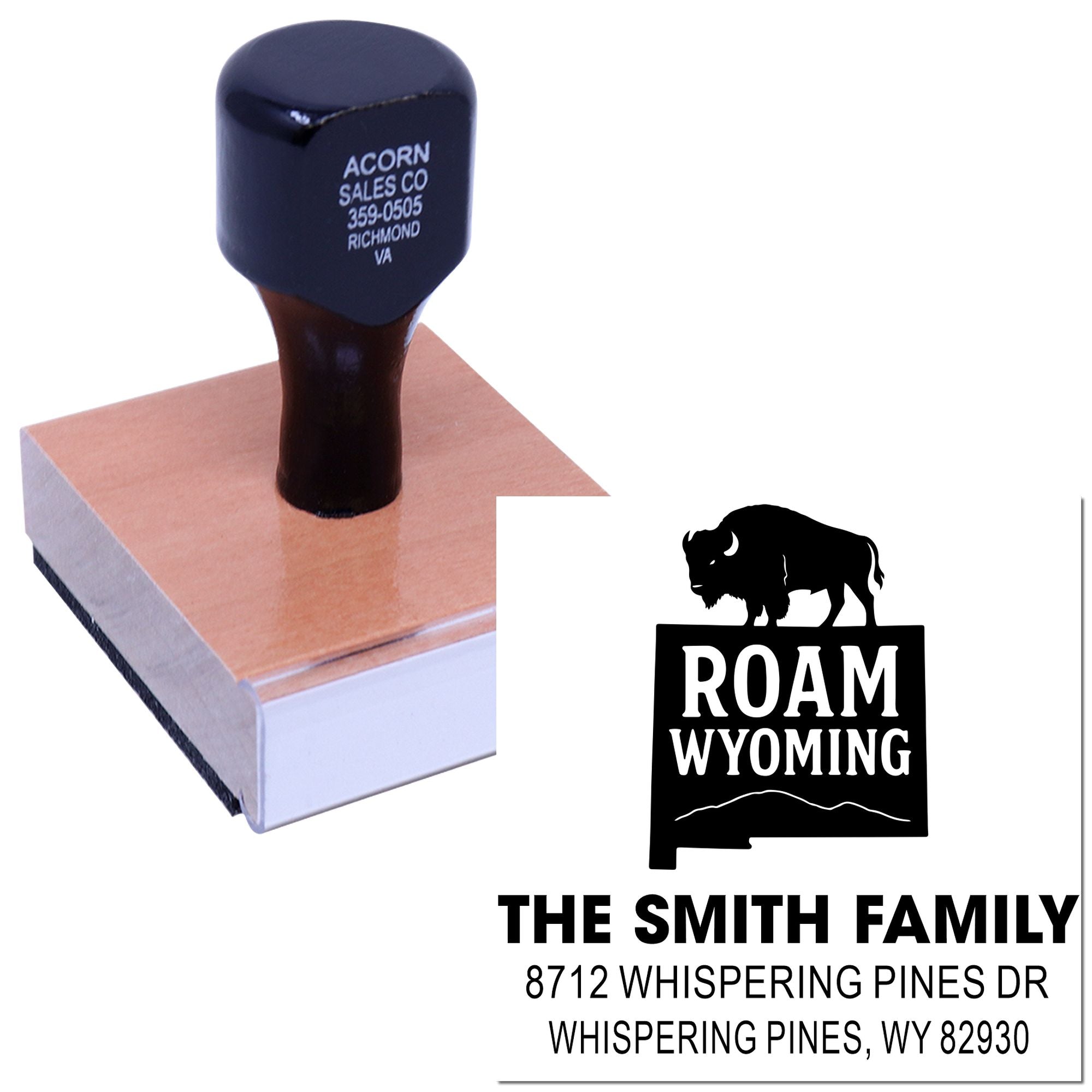 Custom rubber stamp on a wooden block with Roam Wyoming bison design and The Smith Family address imprint sample on white background.