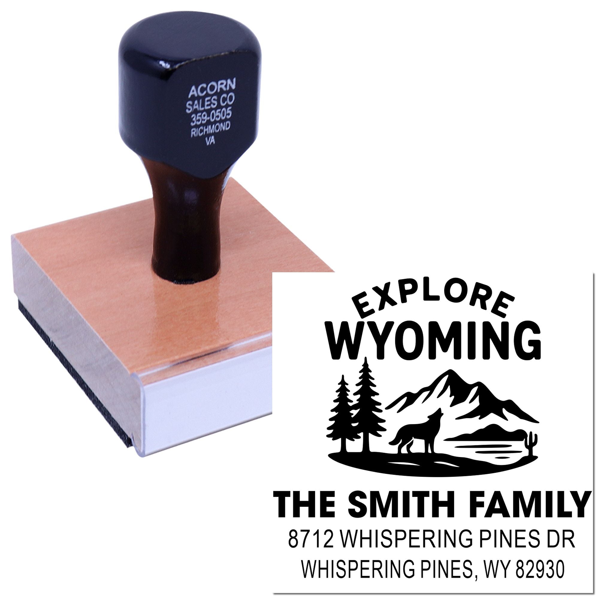 Personalized self-inking rubber stamp with Explore Wyoming mountain graphic and The Smith Family address imprint on white background.