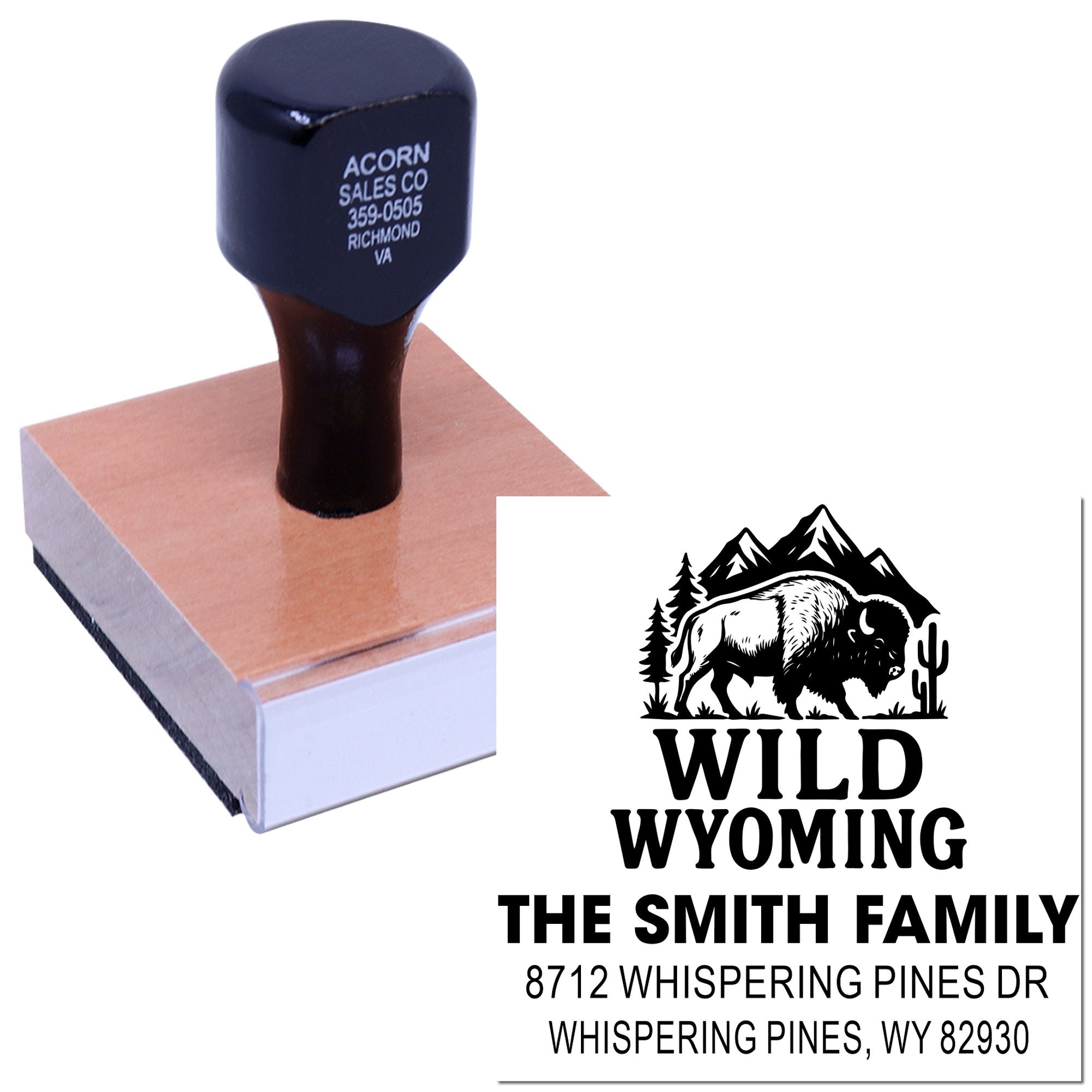 Custom rubber stamp on wooden block pressing a bison Wild Wyoming family address design, with sample imprint for The Smith Family.