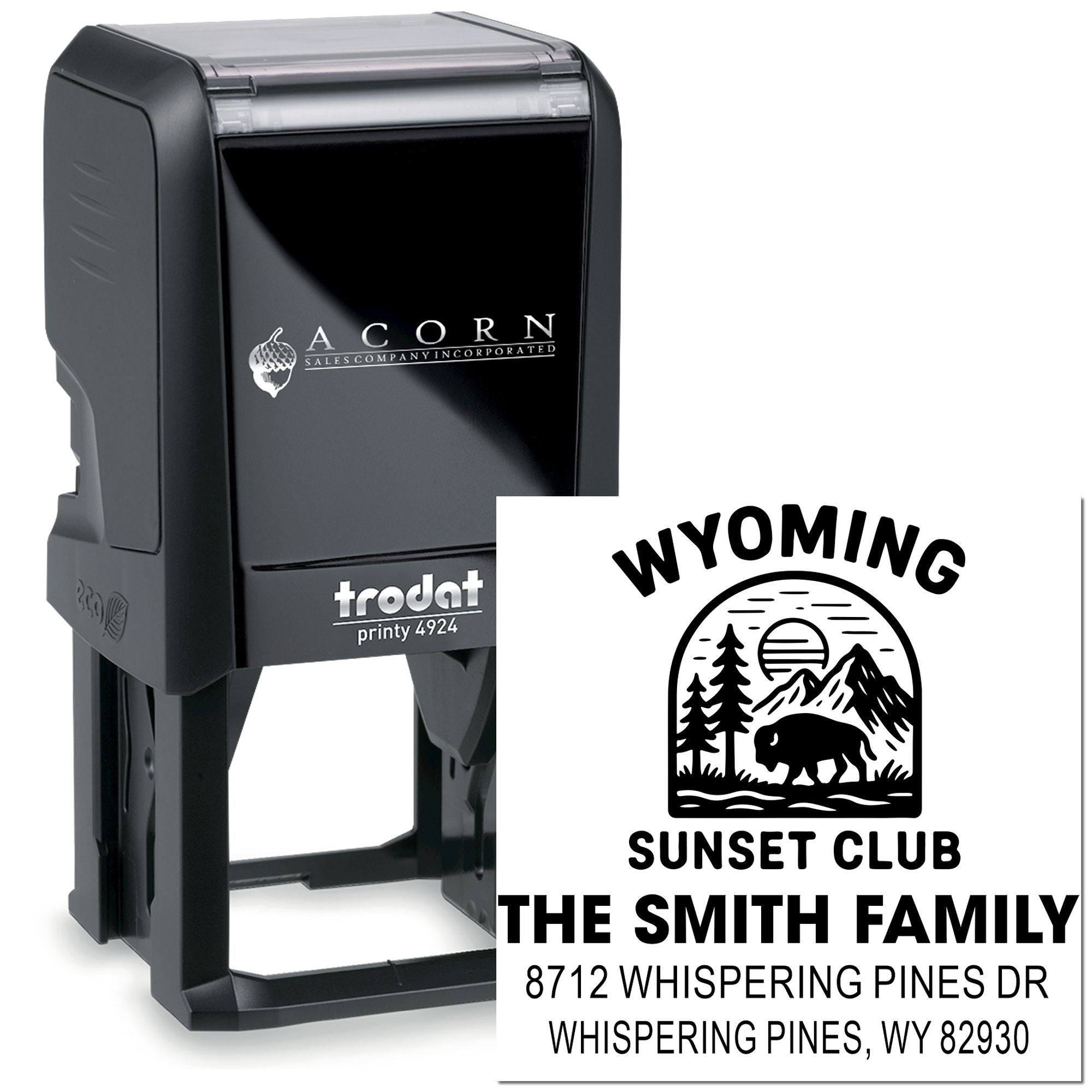 Custom self-inking address stamp with Wyoming Sunset Club bison logo and family mailing details on white background.