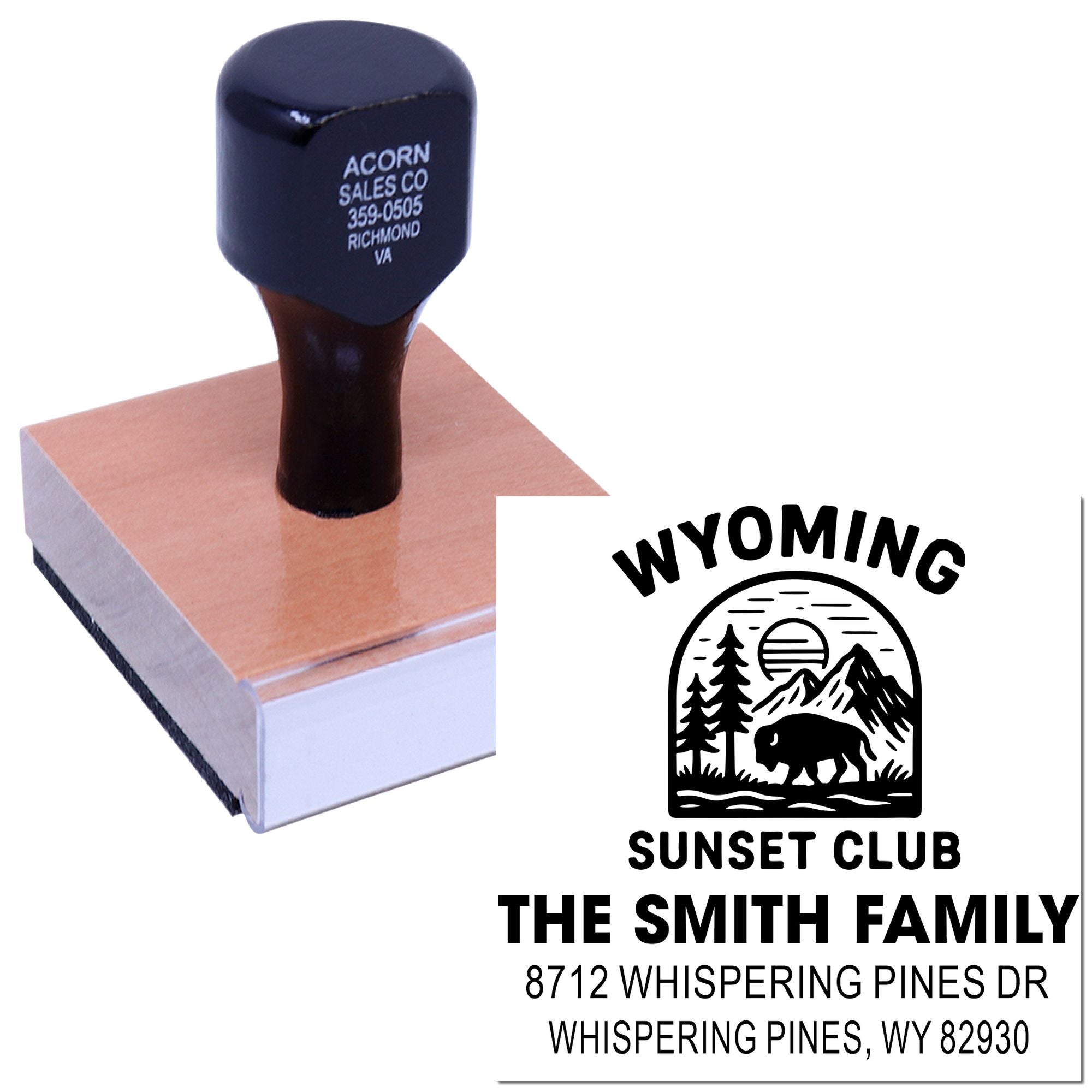 Custom self-inking rubber stamp with Wyoming Sunset Club design, family name, address, and bison emblem on white background.