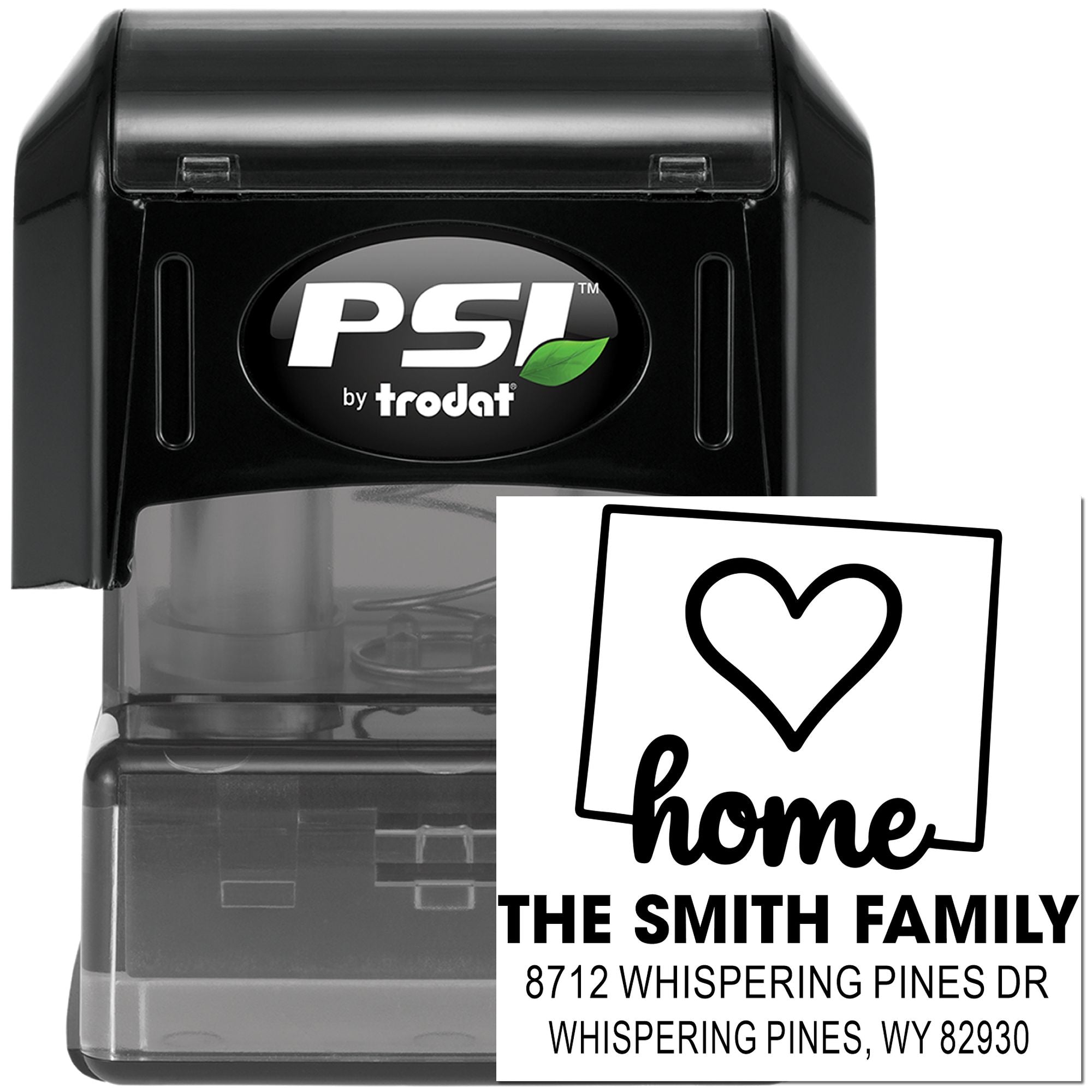 PSI by Trodat self-inking address stamp with heart home design and custom Smith Family return address in black.