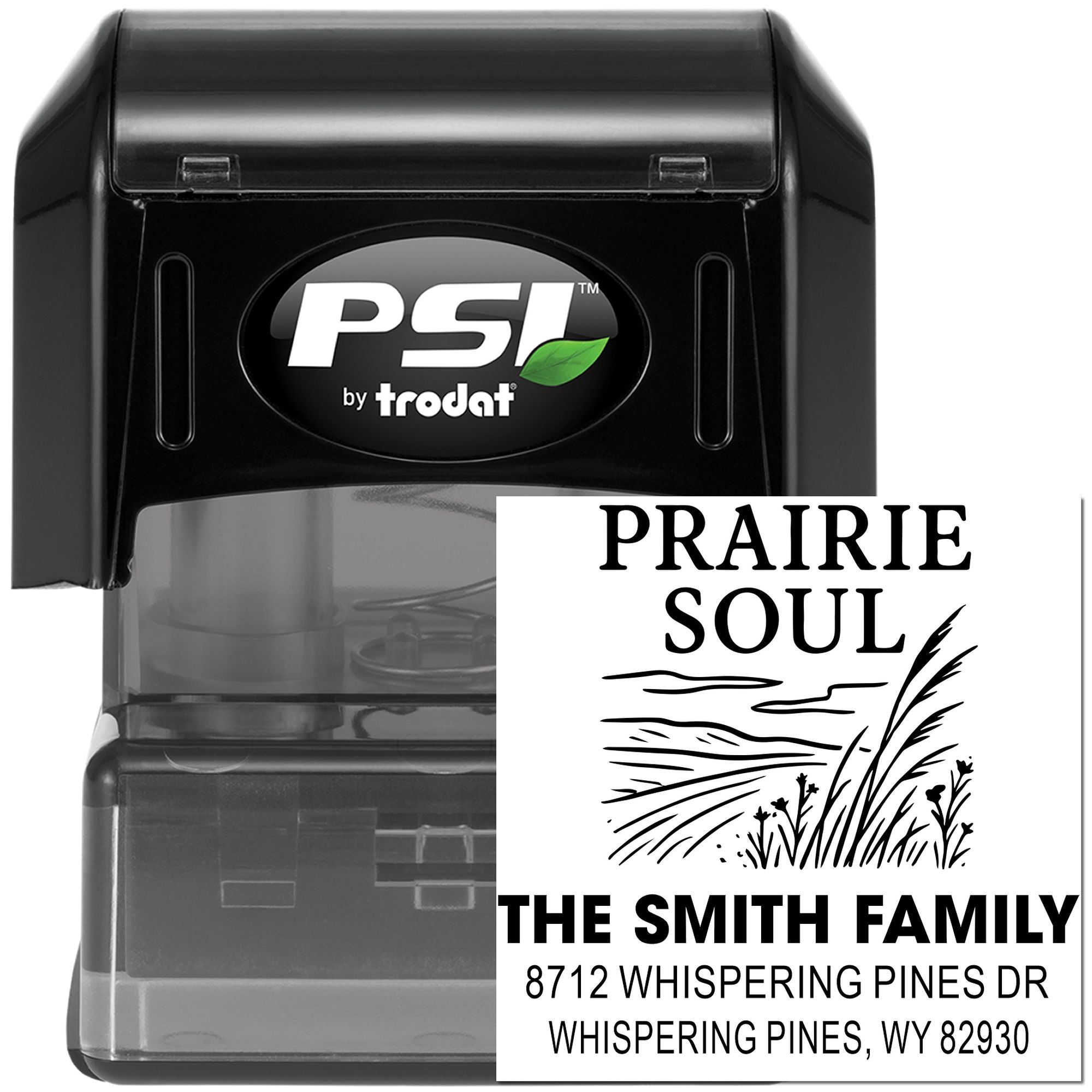 Black PSI by Trodat self-inking address stamp with Prairie Soul design, Smith family name, and custom mailing address on white background.