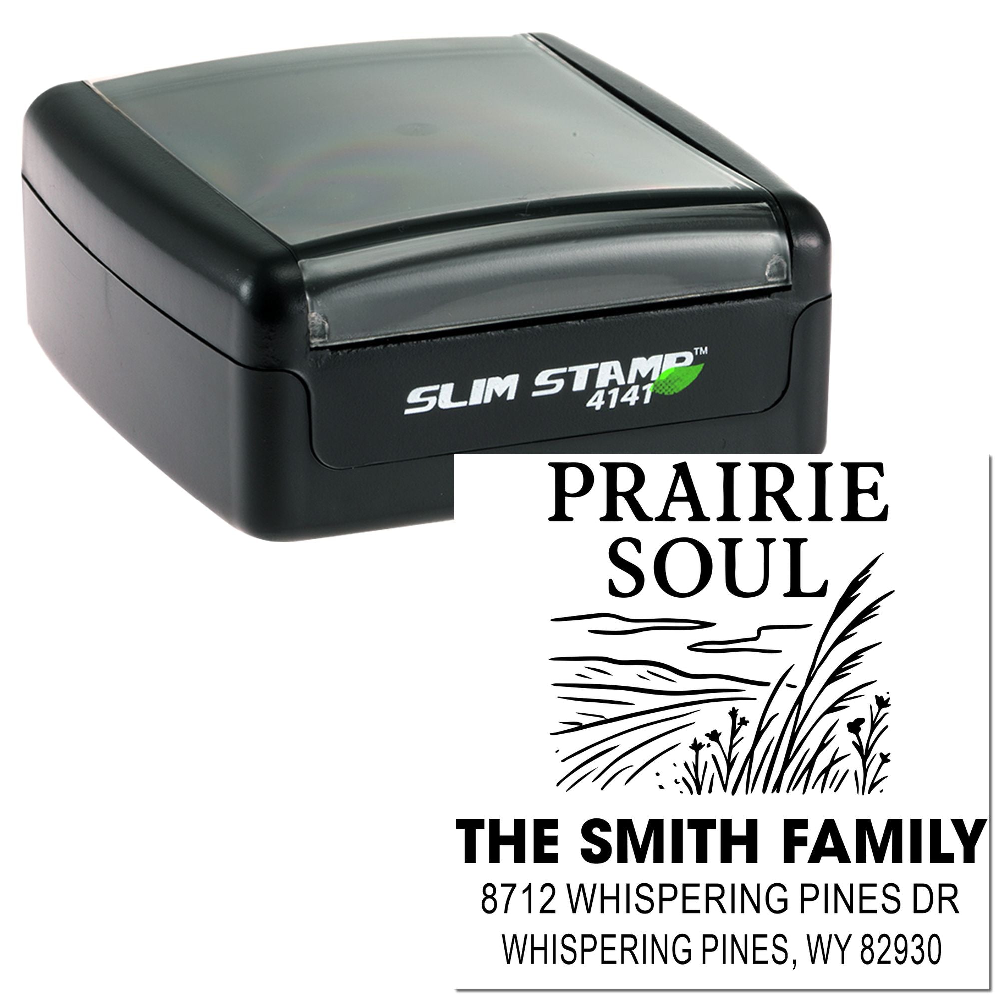 Black Slim Stamp self-inking address stamp with Prairie Soul design and The Smith Family name, shown beside stamped imprint on white background.