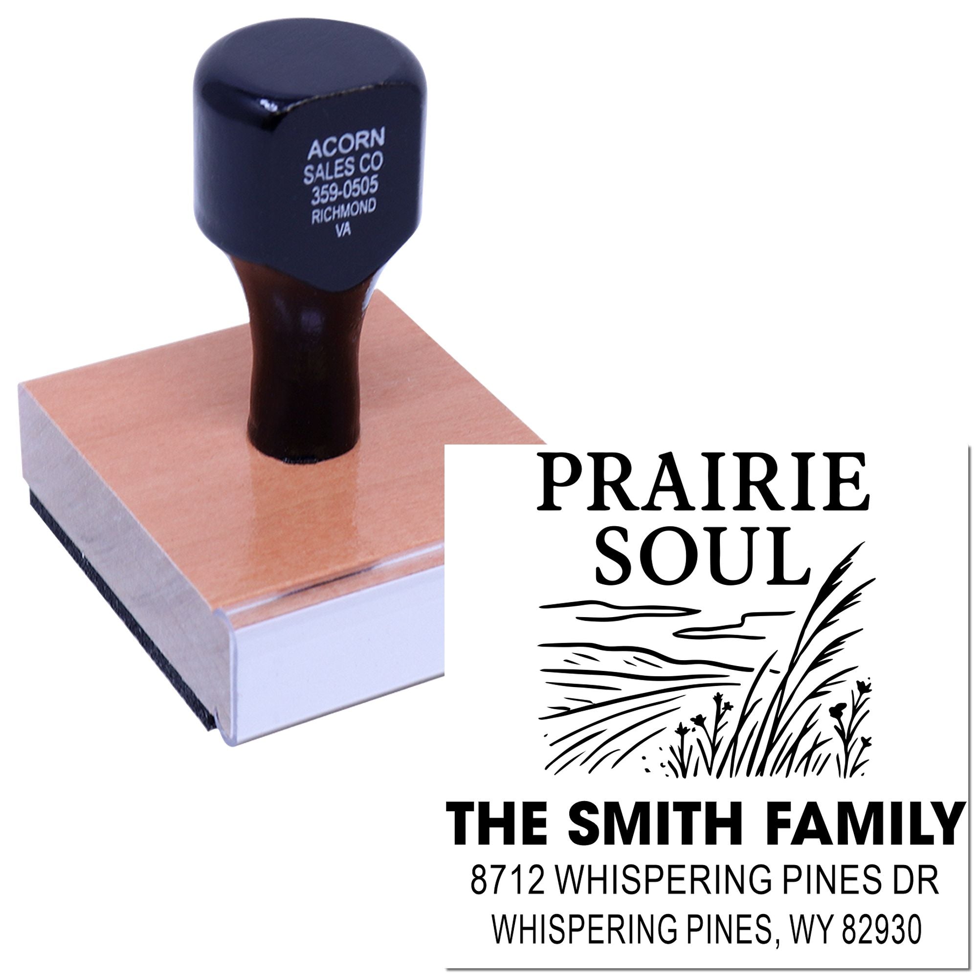 Custom self-inking return address stamp with Prairie Soul design, showing The Smith Family address on a black stamp base over white.