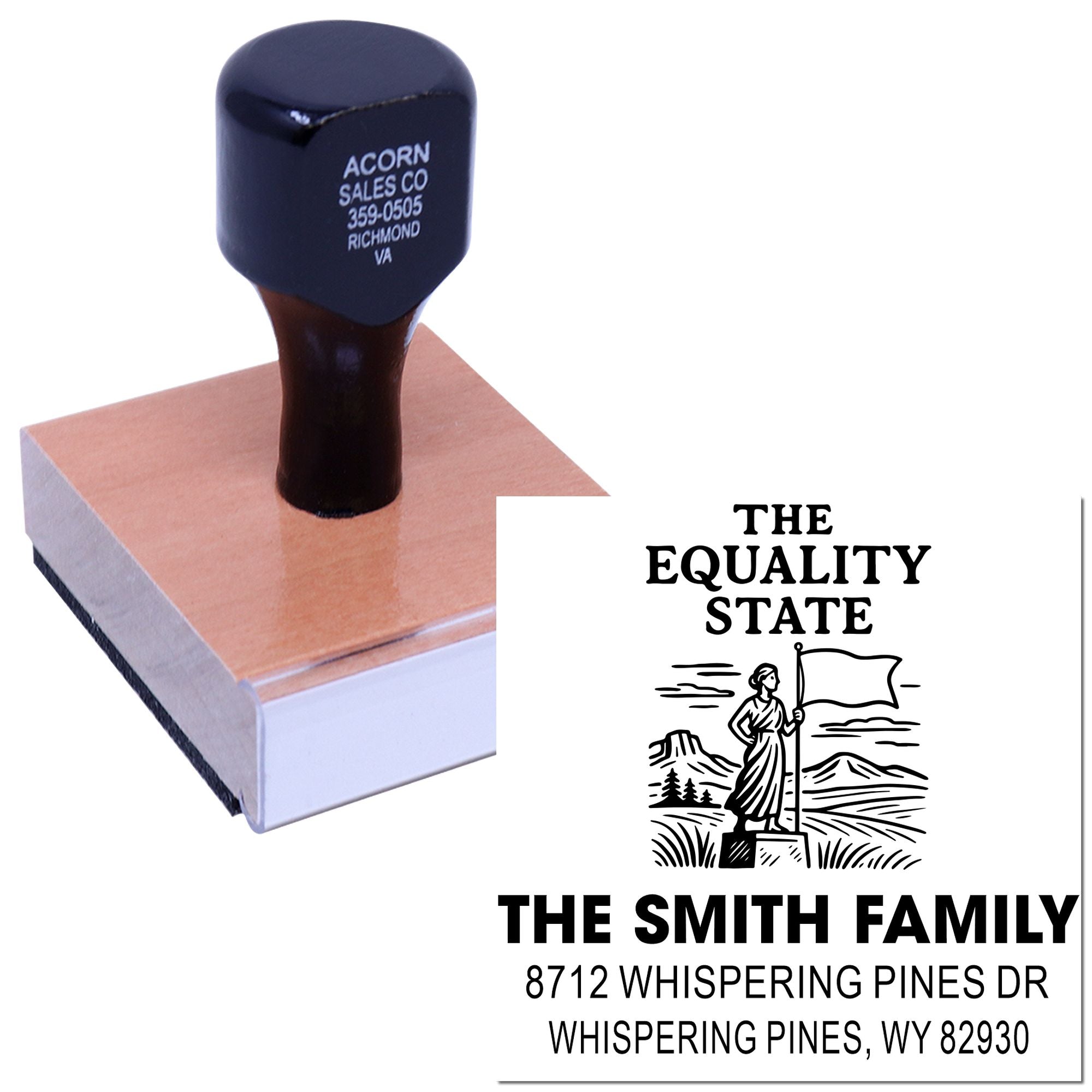 Custom self-inking address stamp featuring The Equality State design and Smith family address, shown with stamp impression preview.