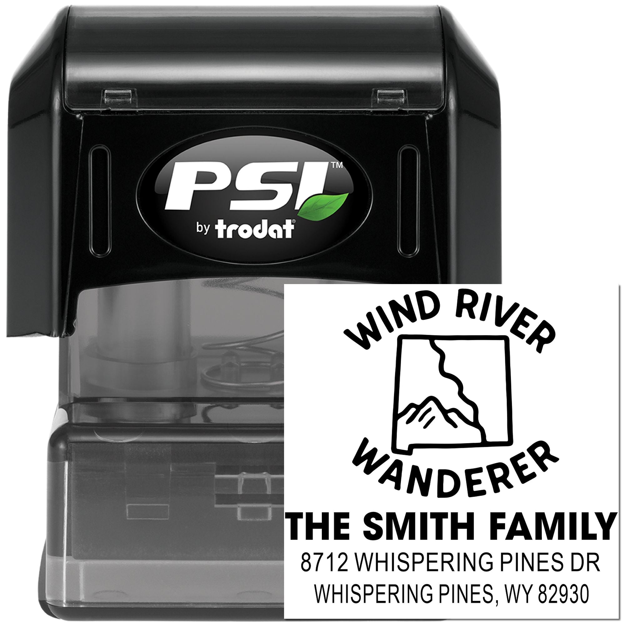 PSI by Trodat self-inking custom address stamp with Wind River Wanderer logo, Smith family name, and Wyoming address on white background.
