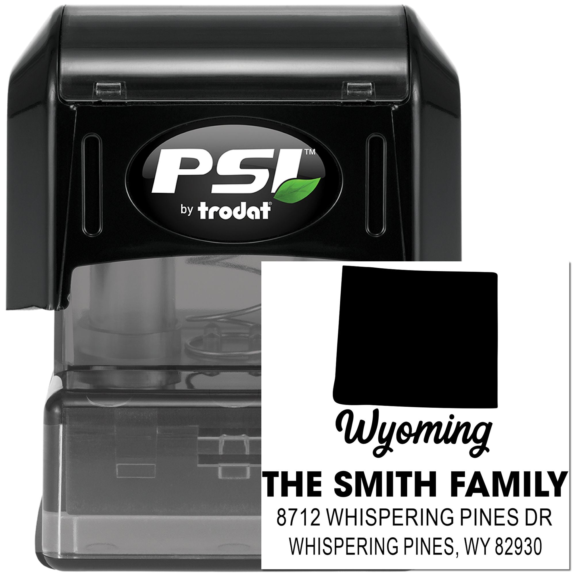 Black PSI by Trodat self-inking address stamp with Wyoming state design and The Smith Family return address on a white background.