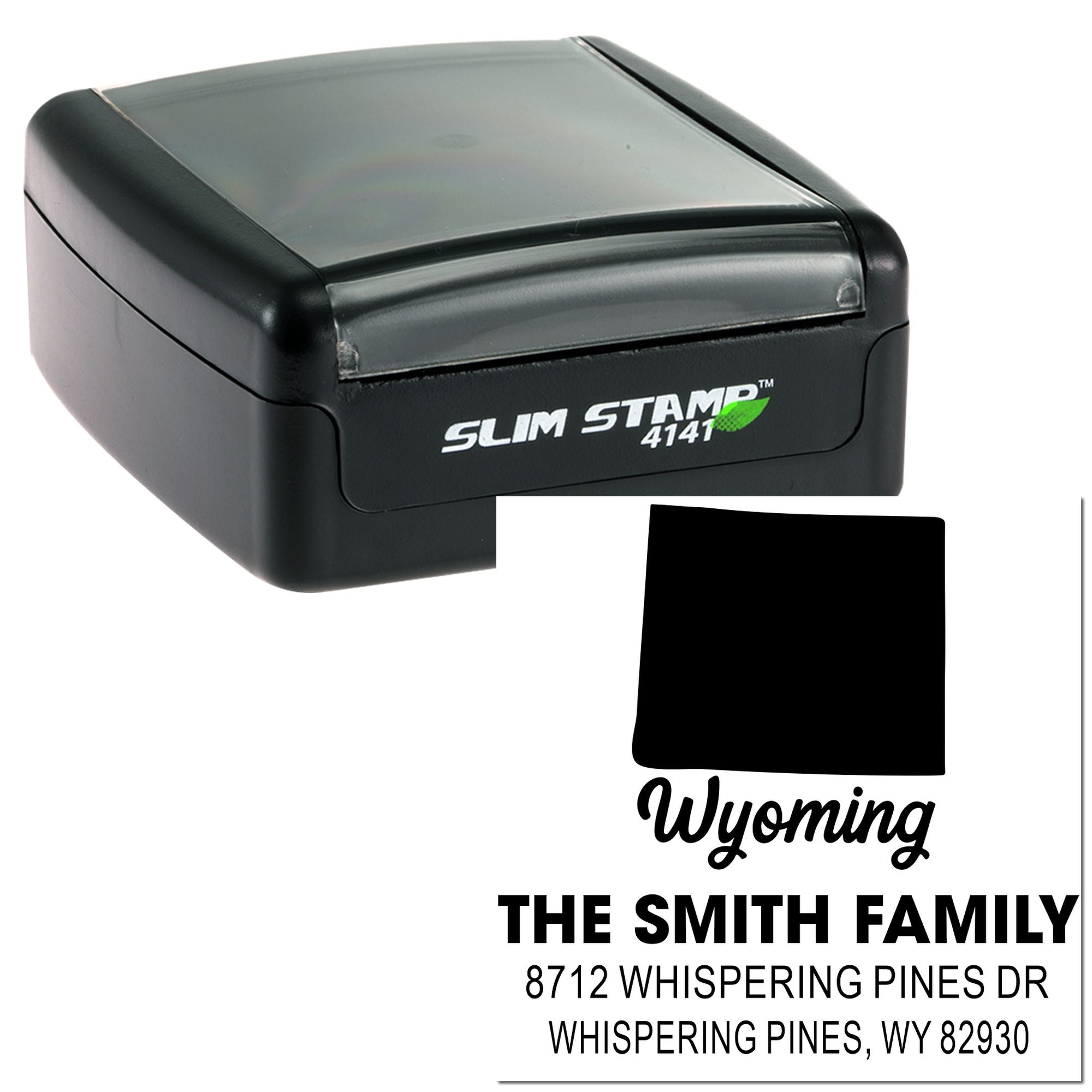 Black Slim Stamp 4141 self-inking personalized address stamp with Wyoming silhouette and The Smith Family return address imprint.
