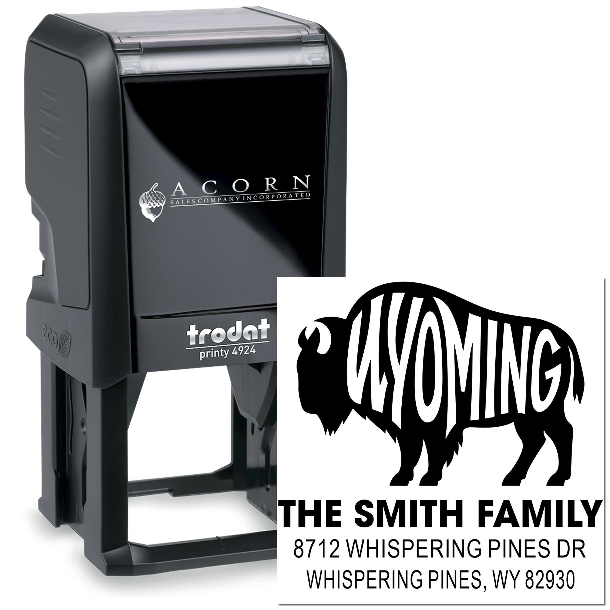 Custom self-inking stamp with Wyoming buffalo design and Smith family address imprint, shown with Trodat Printy 4924 stamp on white background.
