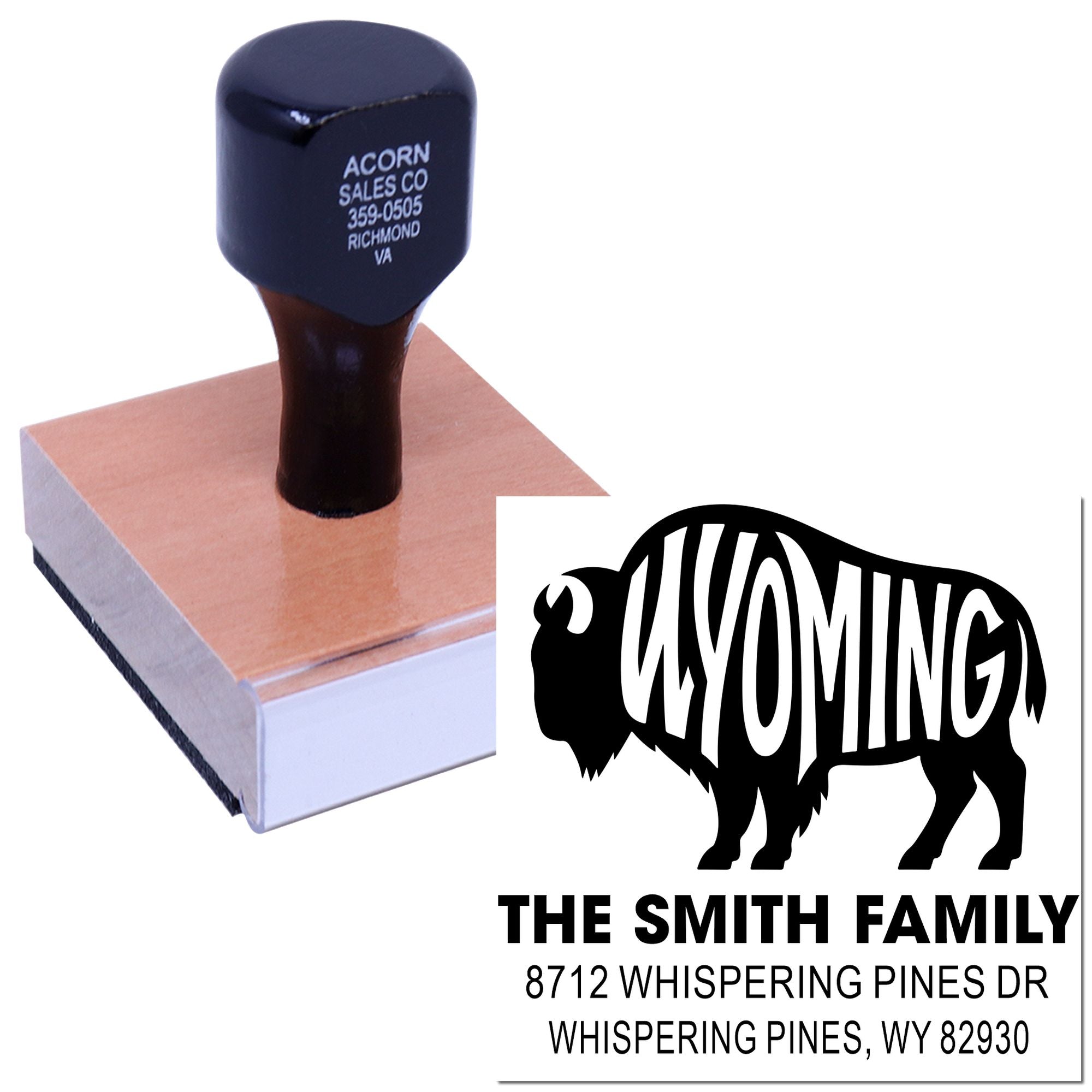 Custom Wyoming family address rubber stamp with bison logo, mounted on wooden base, on white background, reading The Smith Family.