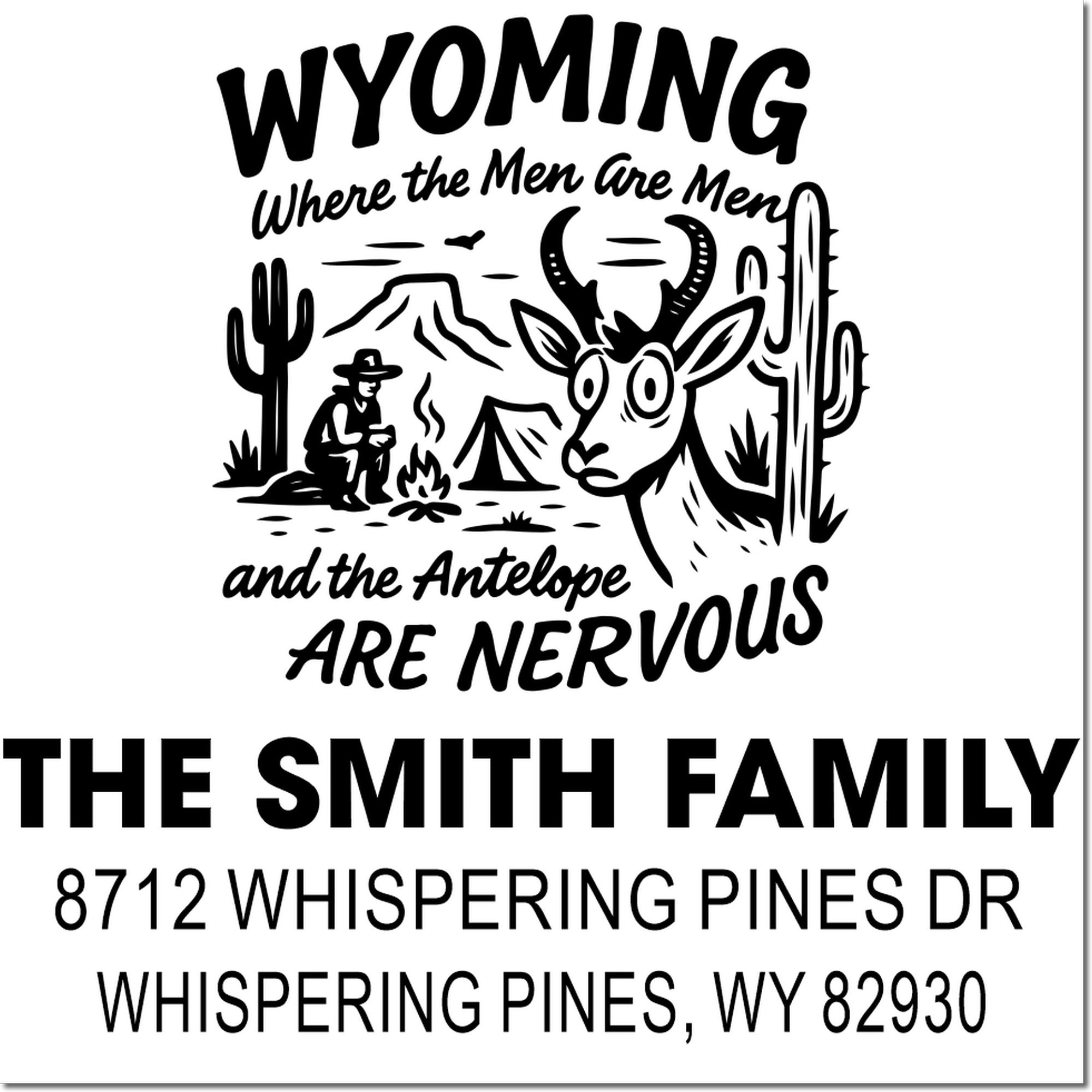 Custom return address stamp with western desert scene featuring a cowboy, campfire, antelope, cacti, and text for The Smith Family, Whispering Pines, WY.