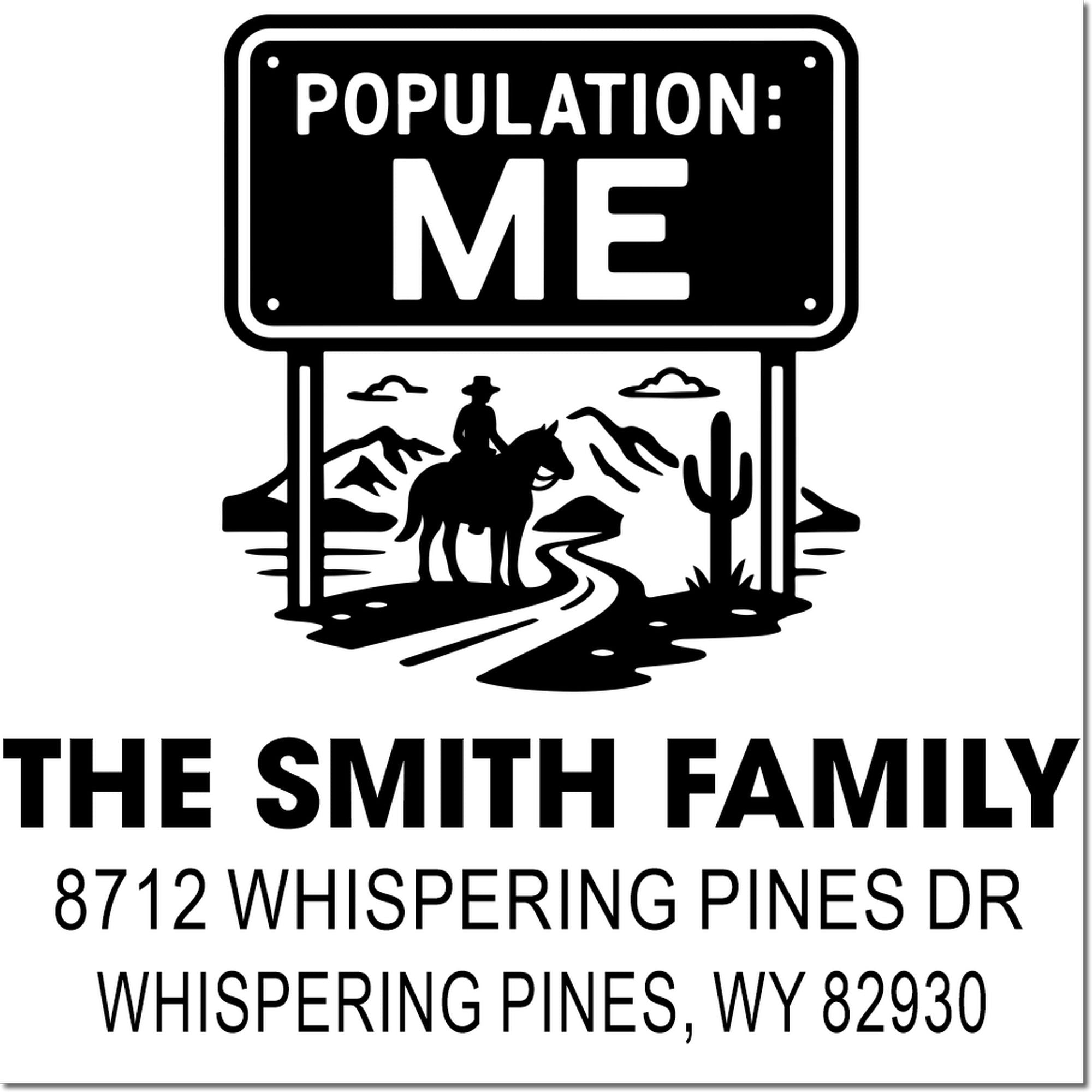Custom family address stamp for The Smith Family, featuring a desert rider sign, 8712 Whispering Pines Dr, Whispering Pines, WY 82930.