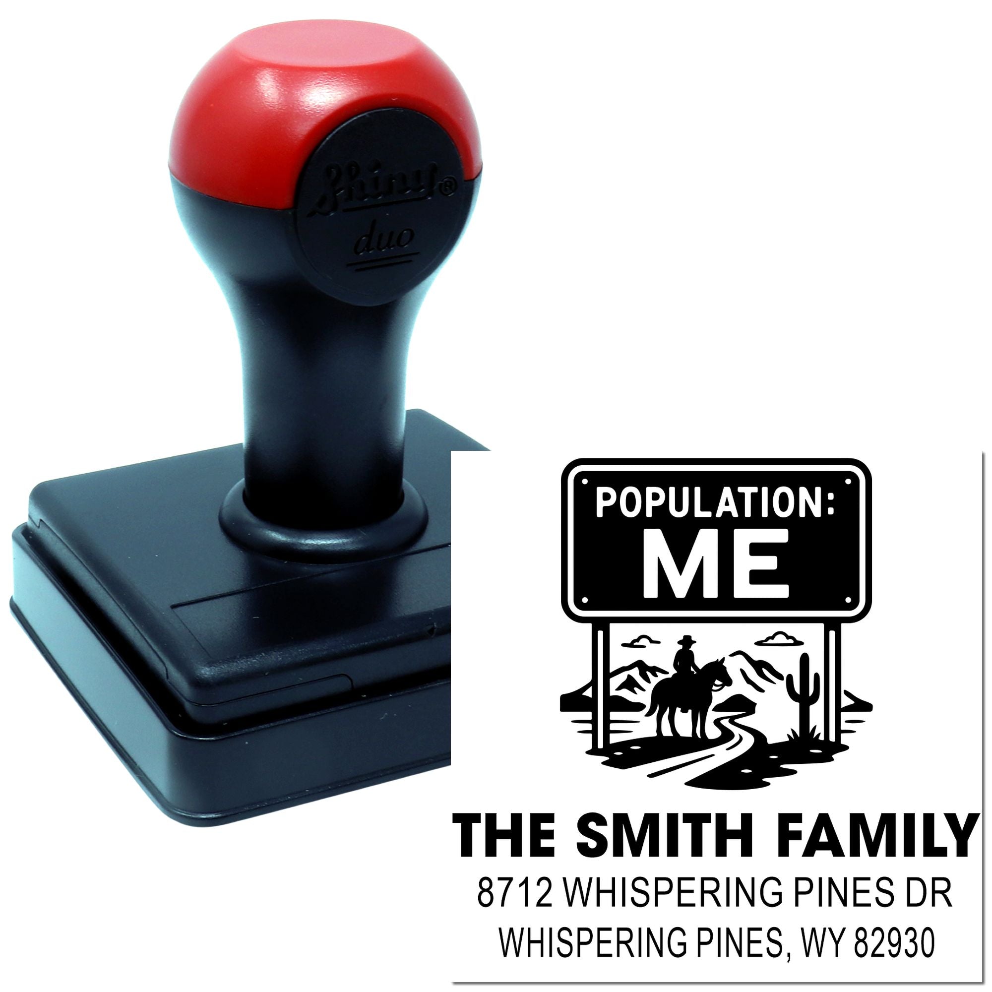 Custom self-inking family address stamp with red-and-black handle, showing Population: ME and The Smith Family address imprint on white background.
