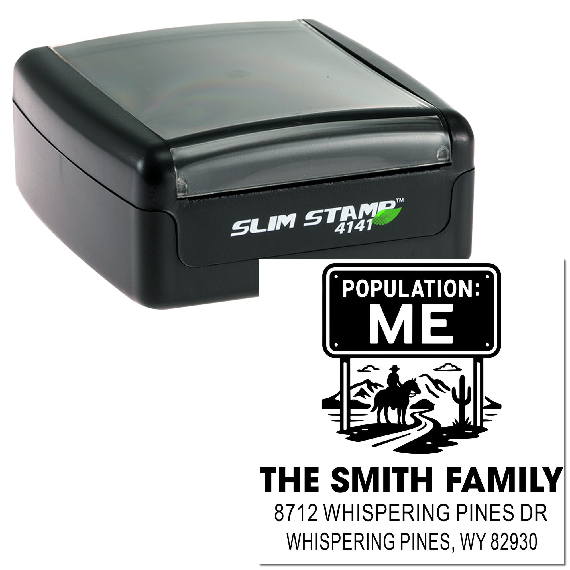 Slim Stamp self-inking address stamp with custom Population: ME design, Smith family name, and Whispering Pines, WY address on white background.