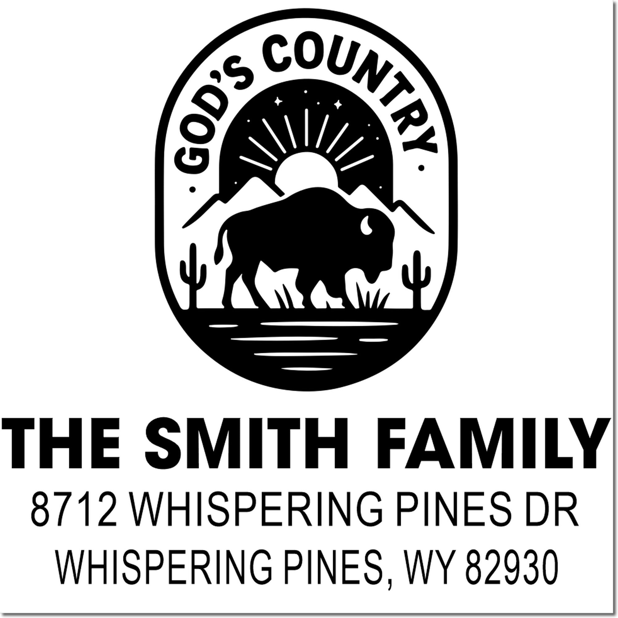 Custom address stamp for The Smith Family featuring a buffalo, mountains, sunset, and cacti with Whispering Pines, WY 82930.