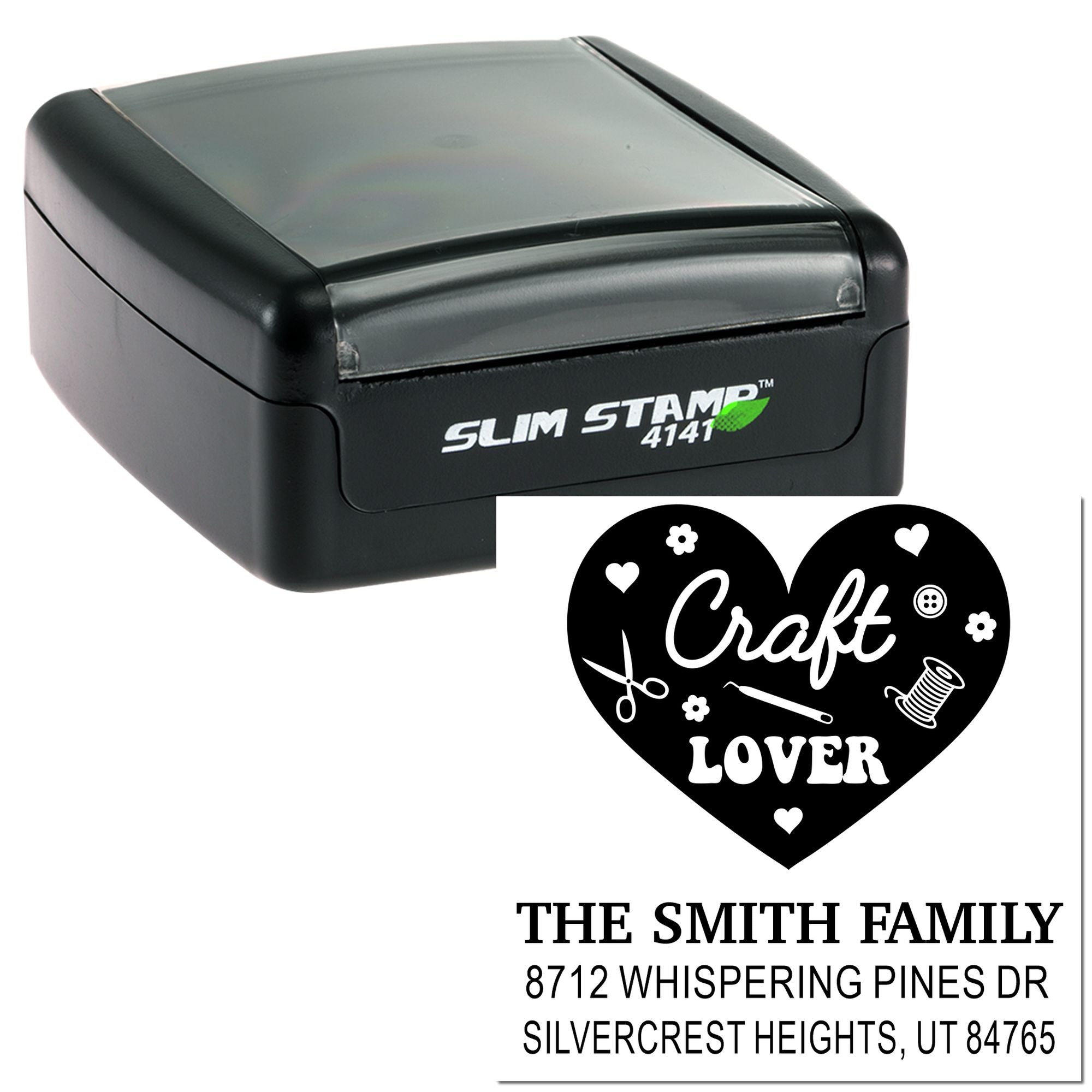 Black Slim Stamp self-inking custom craft lover heart address stamp with scissors, spool and hearts, personalized family name and address