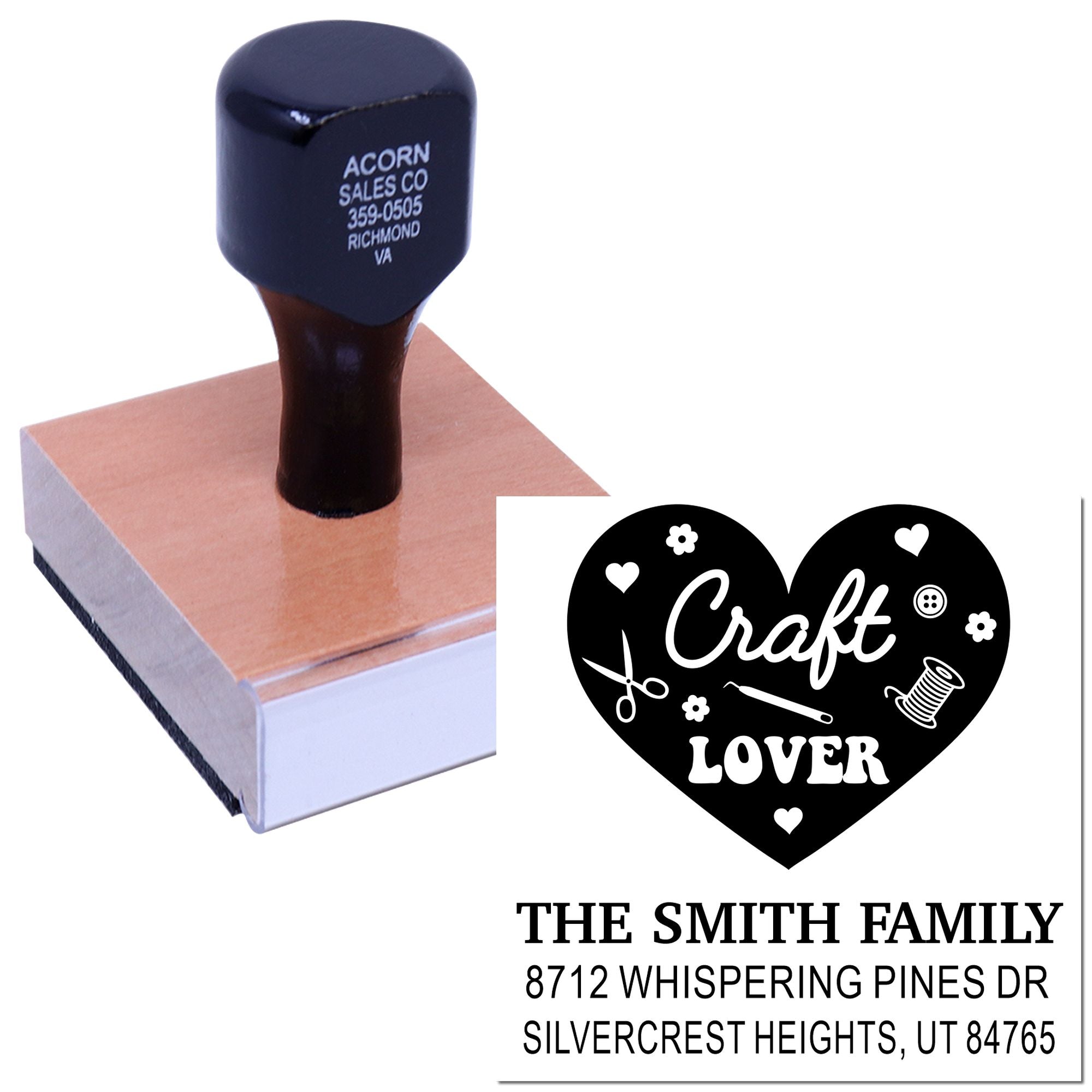 Custom craft lover heart address stamp on a wooden block, featuring The Smith Family and Silvercrest Heights, UT address.