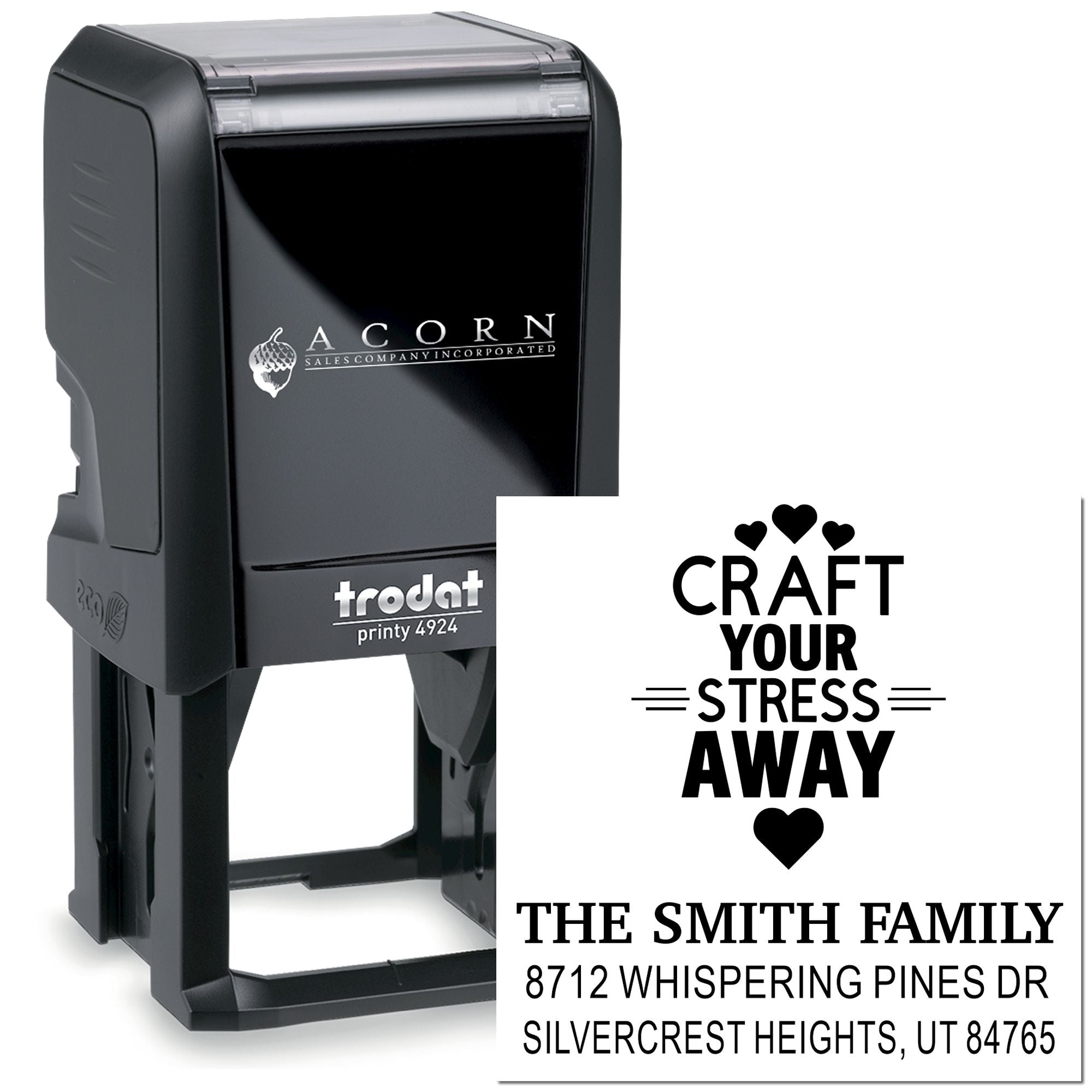 Custom self-inking address stamp with Craft Your Stress Away text, Smith family name, and address on a white studio background.