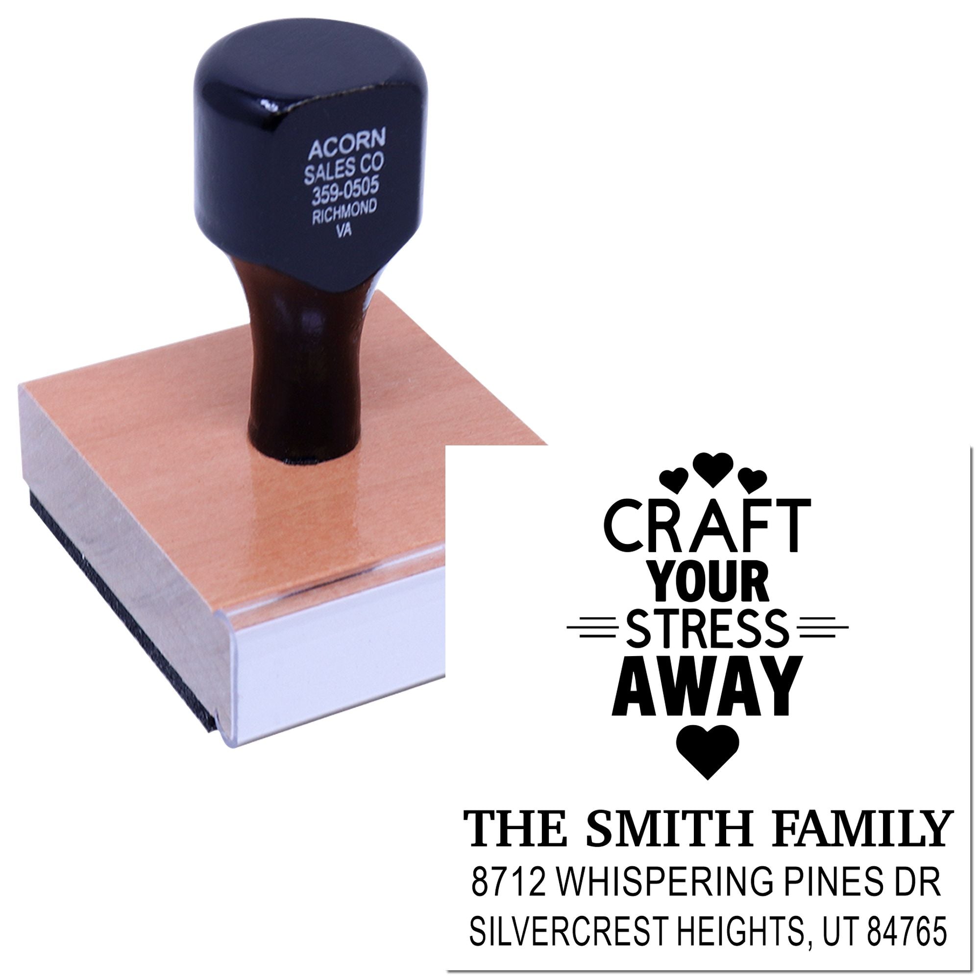 Custom self-inking return address stamp with Craft Your Stress Away design, The Smith Family name, and Silvercrest Heights, UT on a white background.