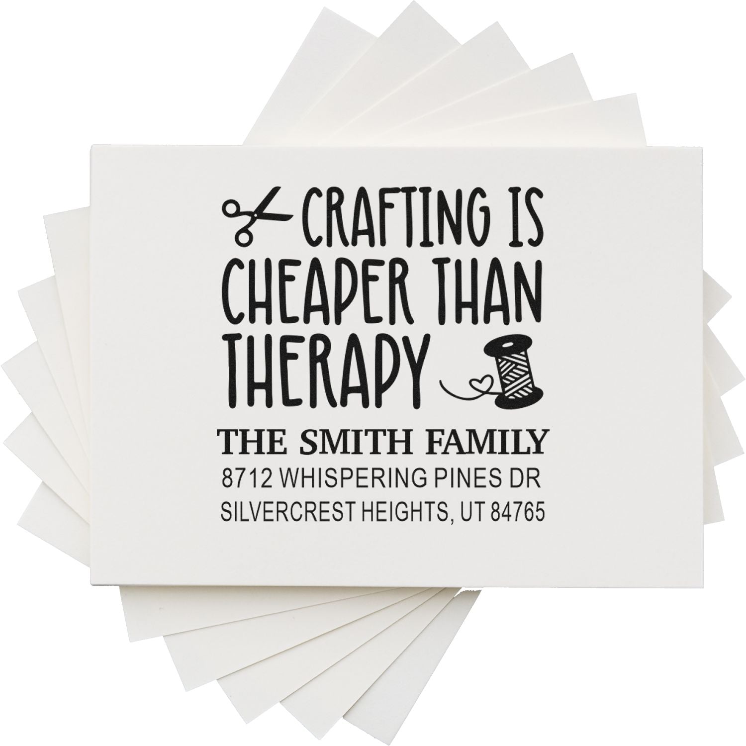 Personalized rubber stamp set with Crafting Is Cheaper Than Therapy design and Smith family address, displayed on stacked white stamps.