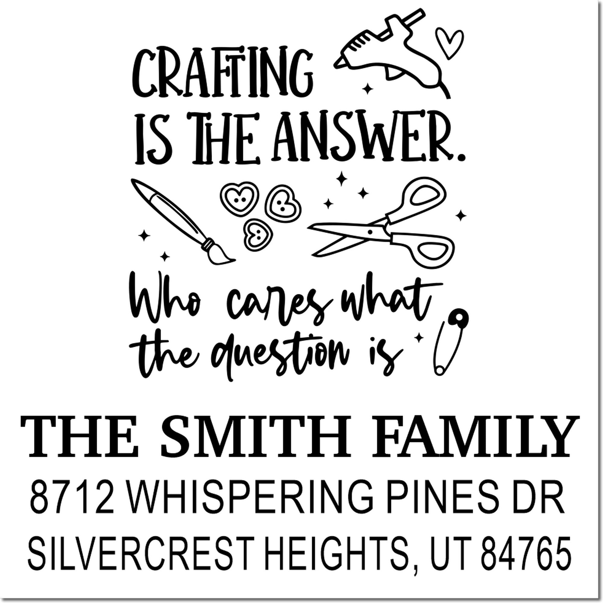 Crafting is the answer stamp design on a white background, with glue gun, brush, scissors, buttons and needle from The Smith Family.