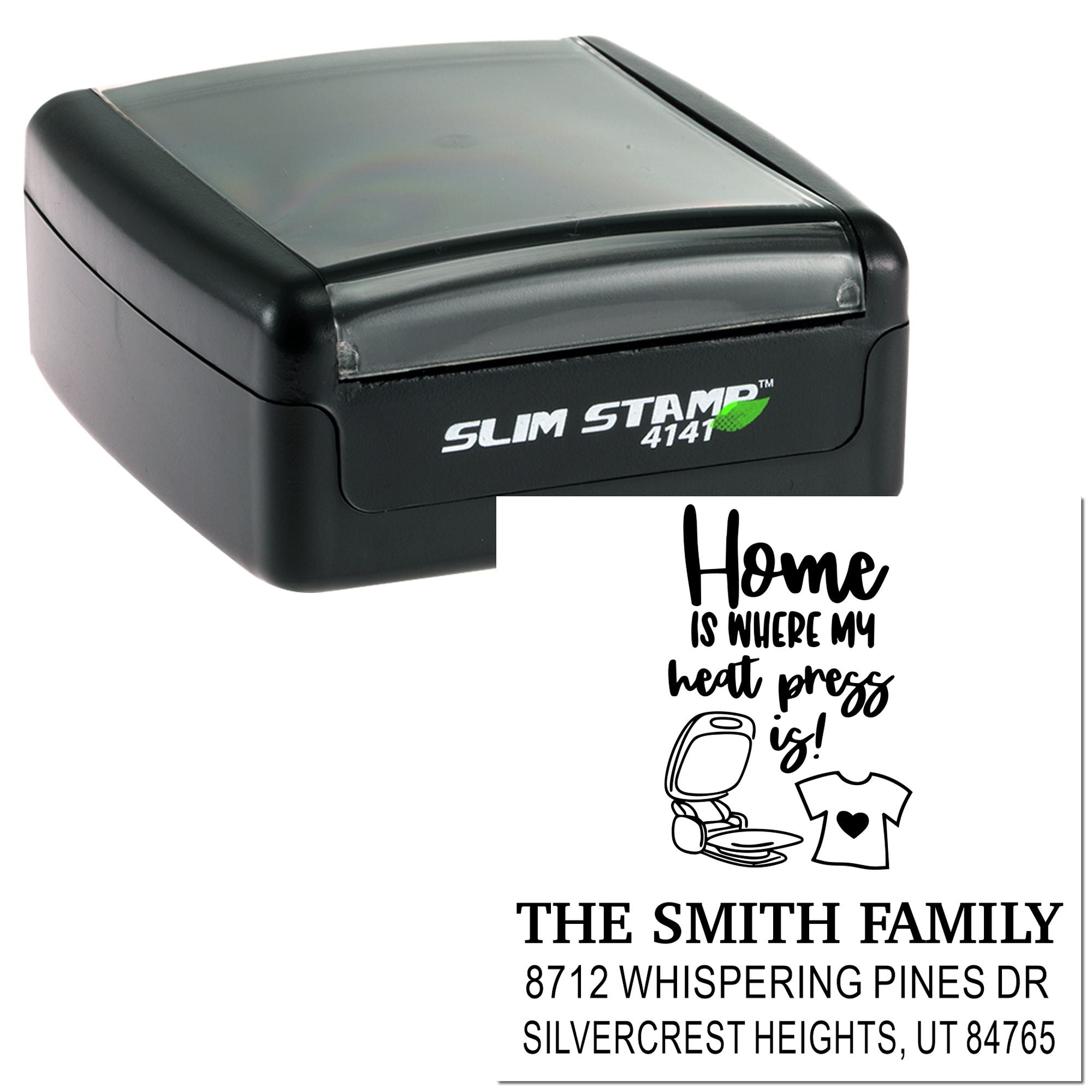 Self-inking Slim Stamp 4141 with custom home return address design reading Home is where my heart is, plus The Smith Family address imprint.