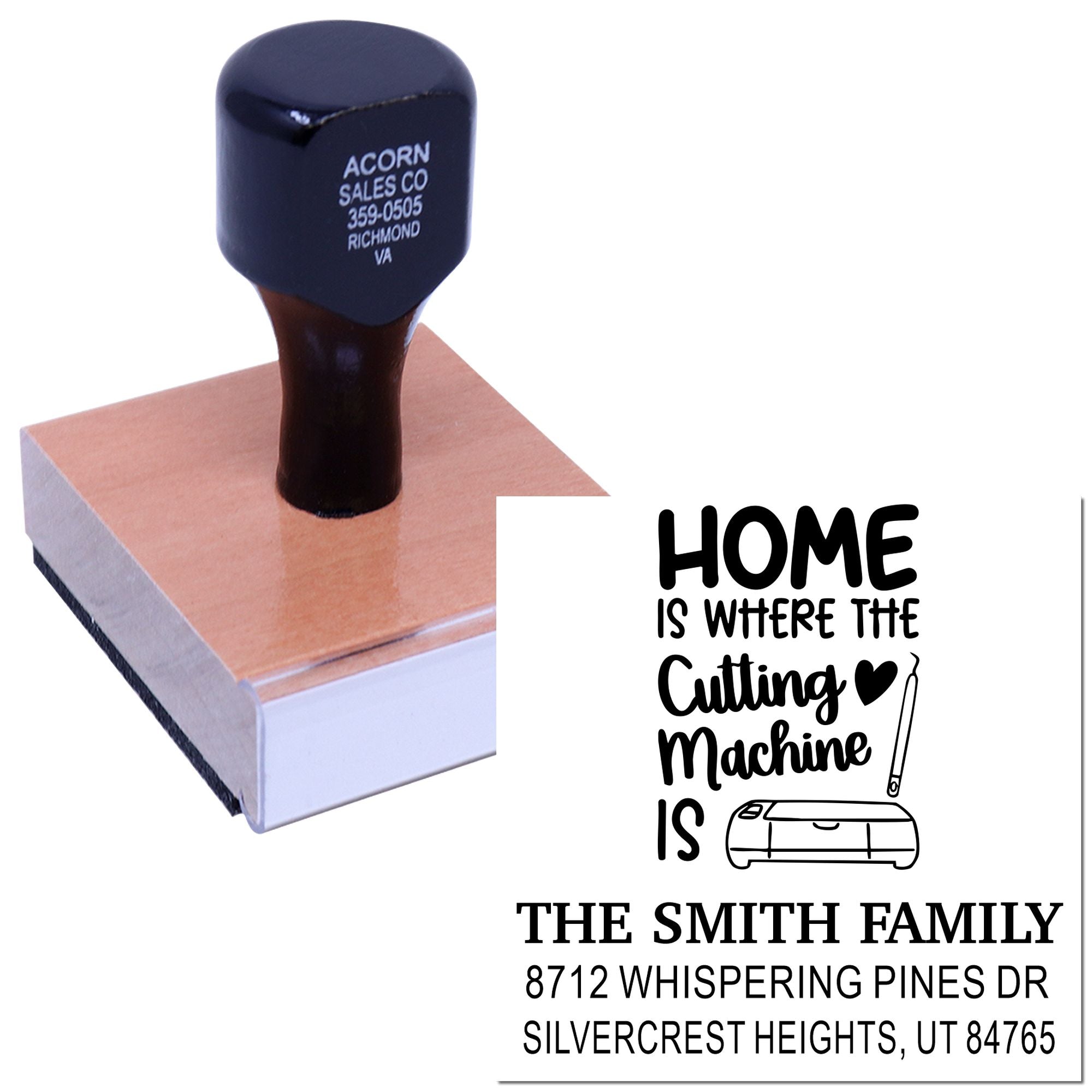 Custom rubber address stamp with Home is where the cutting machine is design, family name and address on a wooden stamp block.