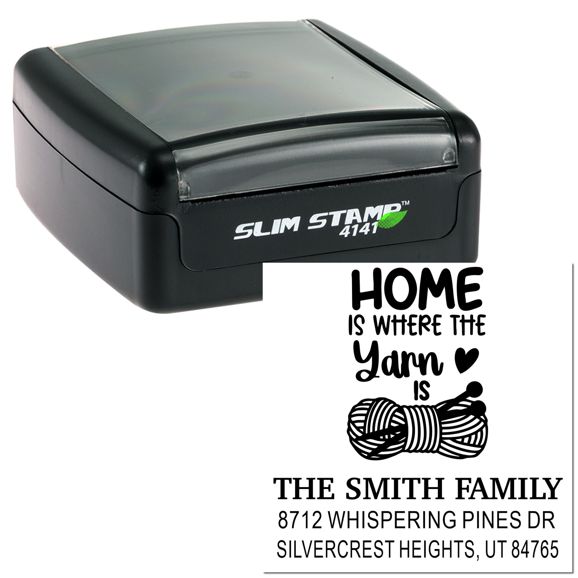 Custom self-inking home address stamp with yarn graphic, showing Home is where the yarn is and The Smith Family return address.