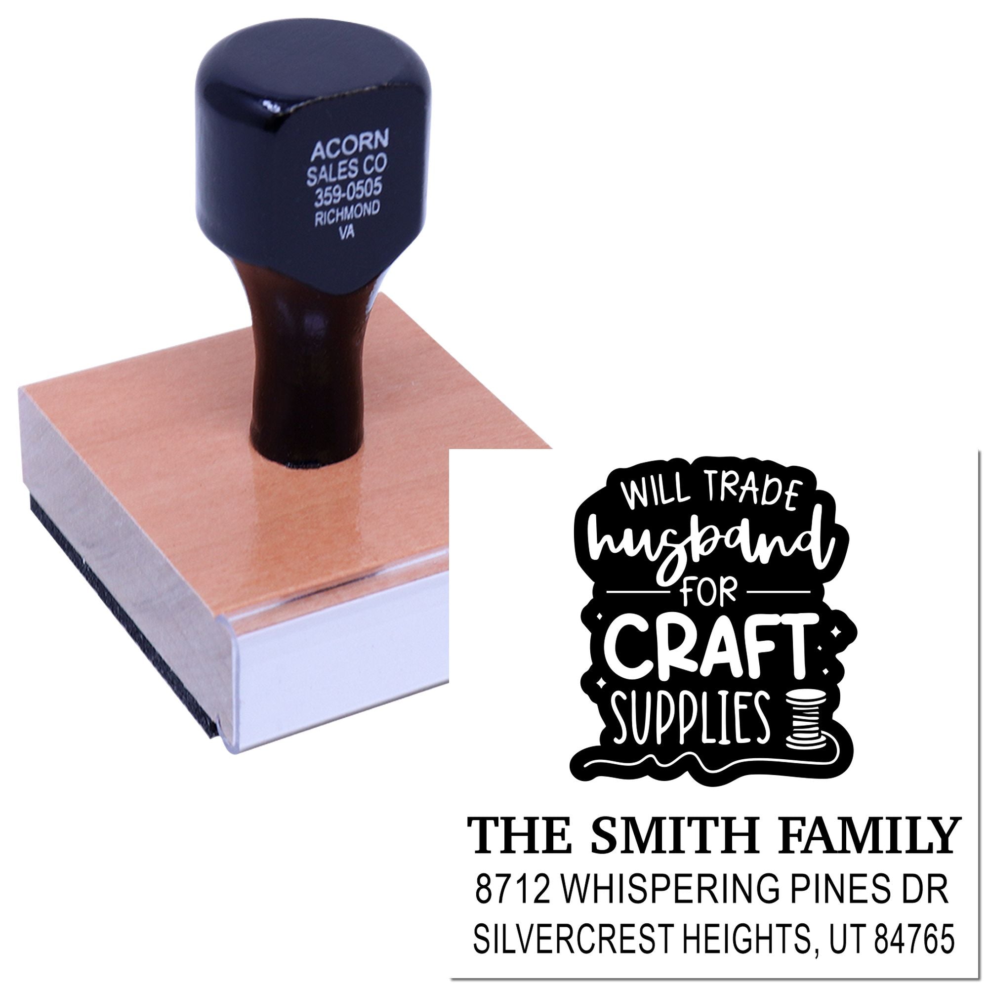 Custom rubber stamp on wooden handle with sample imprint for craft supplies and personalized family address text on white background.