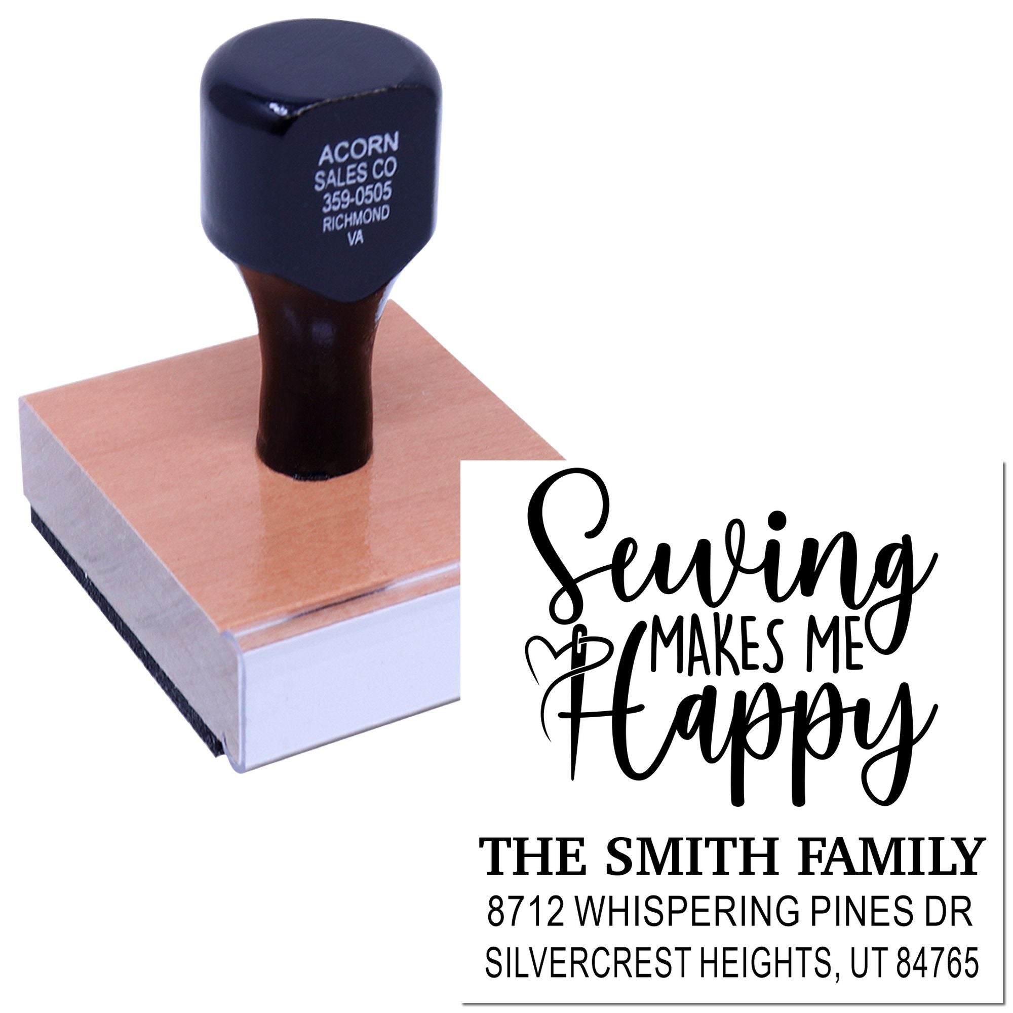 Custom self-inking family address stamp with Saving makes me happy design, shown on a wooden block in a clean product display.