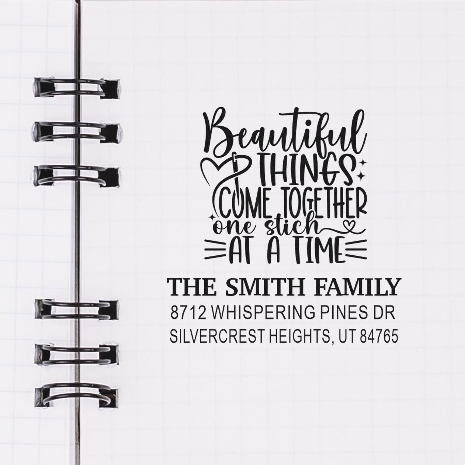 Personalized address stamp in a ring-bound planner, printing Beautiful things come together one stitch at a time with The Smith Family address.