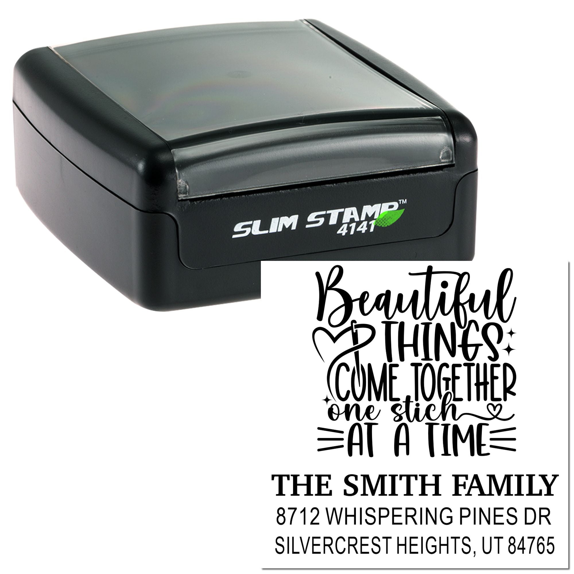 Self-inking Slim Stamp 4141 custom address stamp with Beautiful things come together one stitch at a time design on white background.
