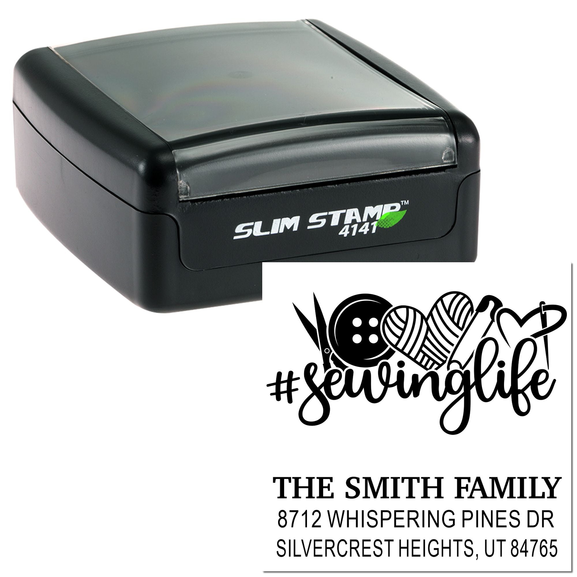 Custom self-inking Slim Stamp 4141 with #sewinalife design and The Smith Family return address on a clean white background.